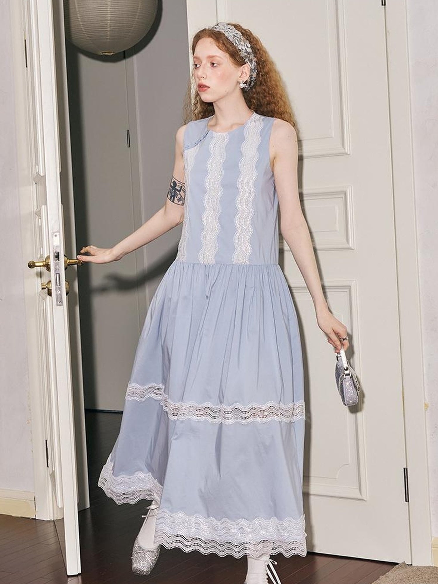 DIDDI MODA Lace Trimmed Asymmetrical Mandarin Collar Maxi Dress