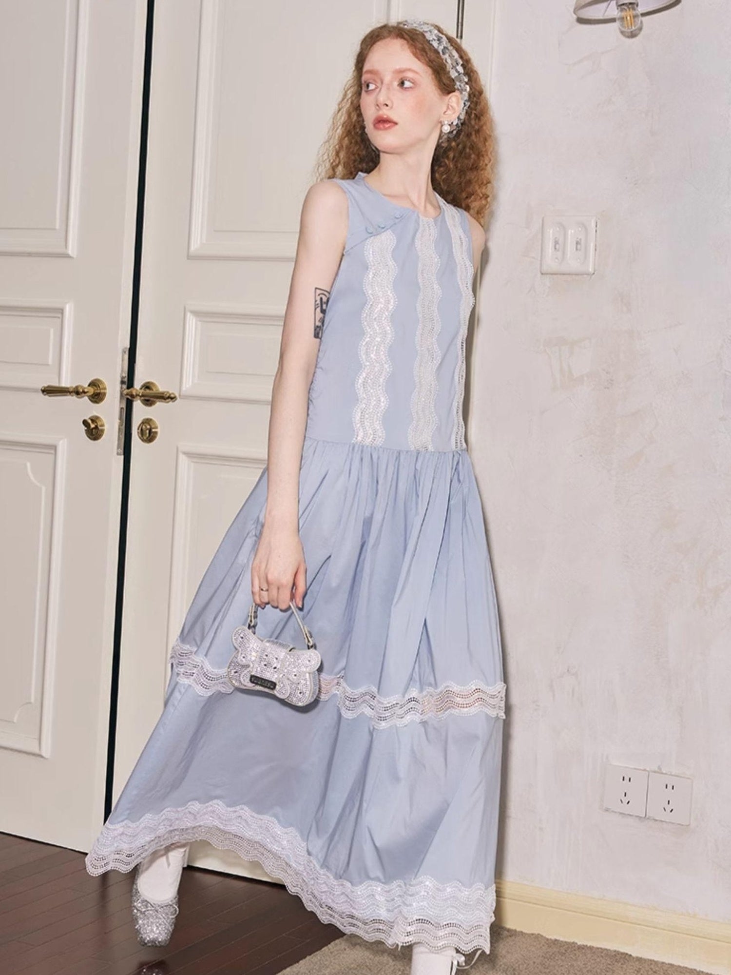 DIDDI MODA Lace Trimmed Asymmetrical Mandarin Collar Maxi Dress