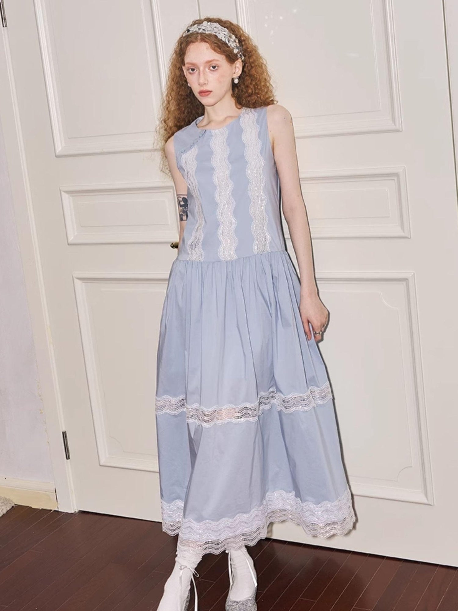 DIDDI MODA Lace Trimmed Asymmetrical Mandarin Collar Maxi Dress