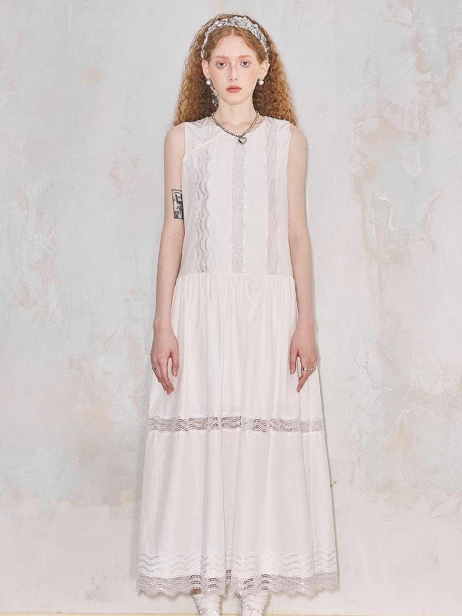 DIDDI MODA Lace Trimmed Asymmetrical Mandarin Collar Maxi Dress