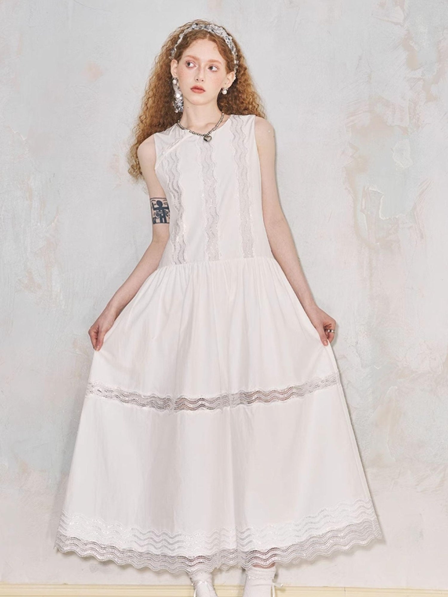 DIDDI MODA Lace Trimmed Asymmetrical Mandarin Collar Maxi Dress