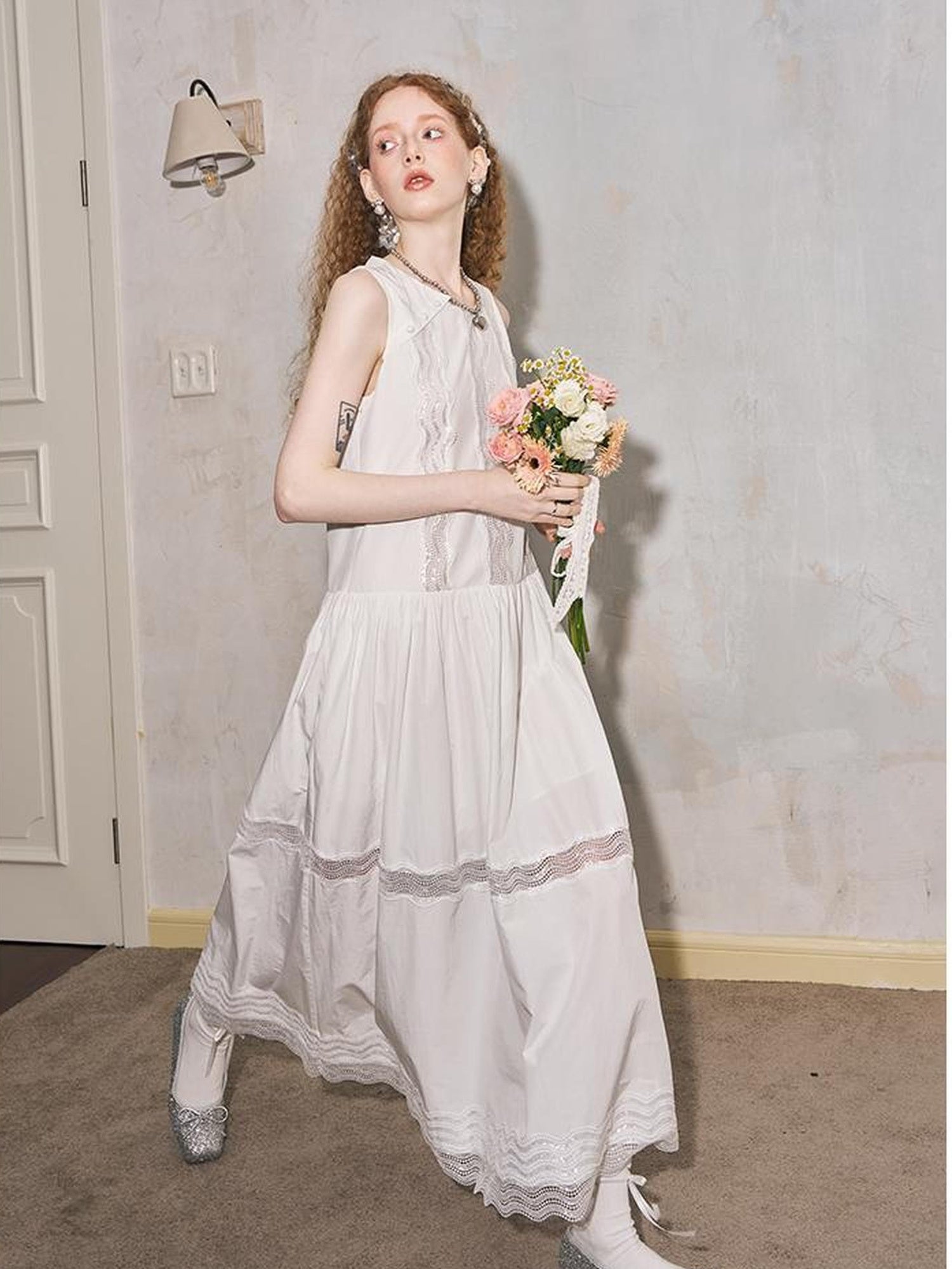 DIDDI MODA Lace Trimmed Asymmetrical Mandarin Collar Maxi Dress