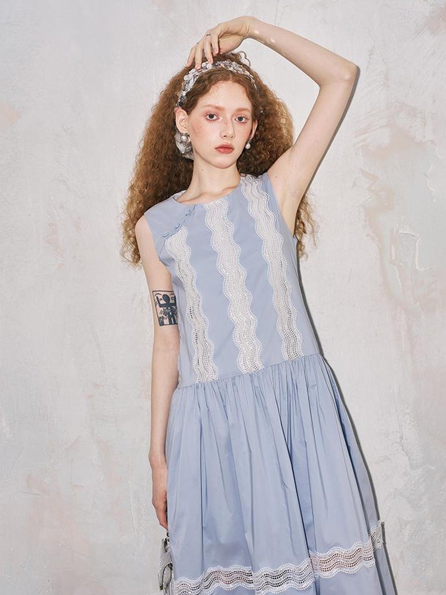 DIDDI MODA Lace Trimmed Asymmetrical Mandarin Collar Maxi Dress