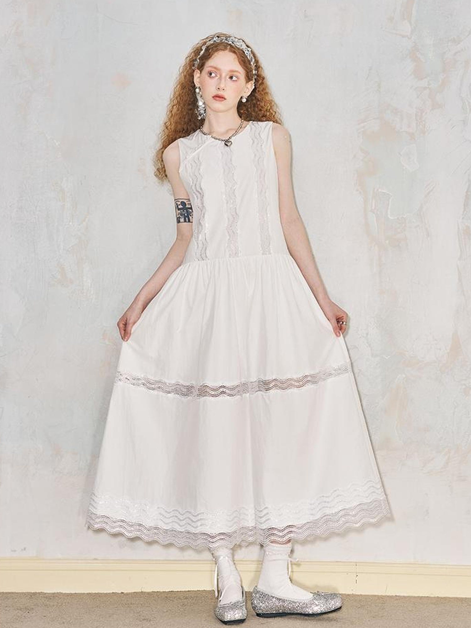 DIDDI MODA Lace Trimmed Asymmetrical Mandarin Collar Maxi Dress