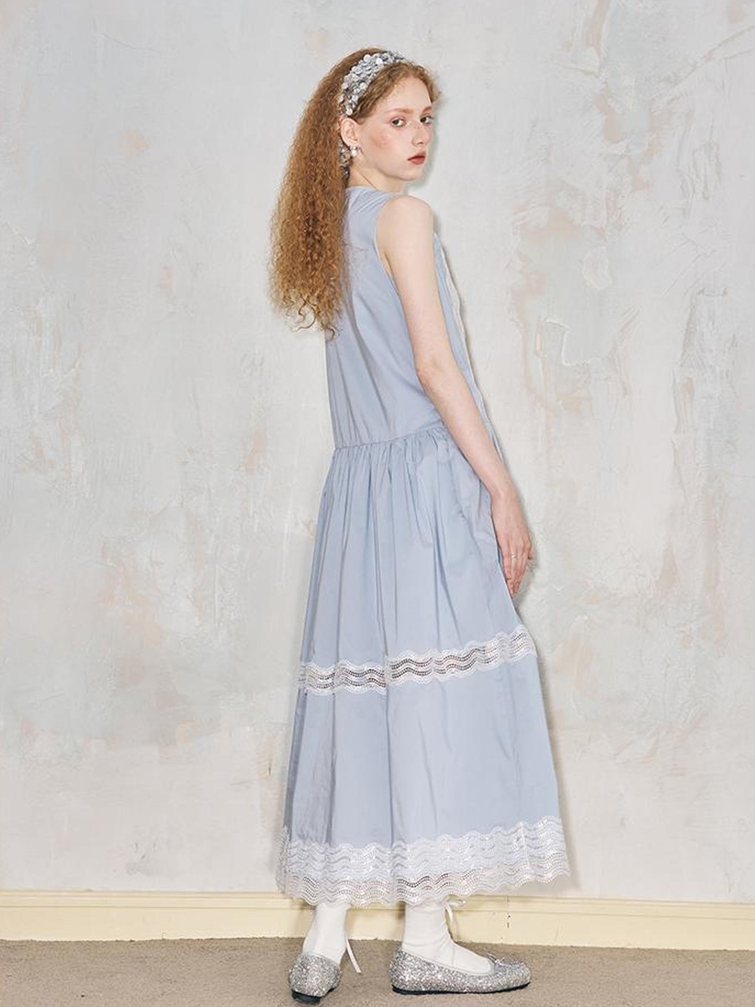 DIDDI MODA Lace Trimmed Asymmetrical Mandarin Collar Maxi Dress