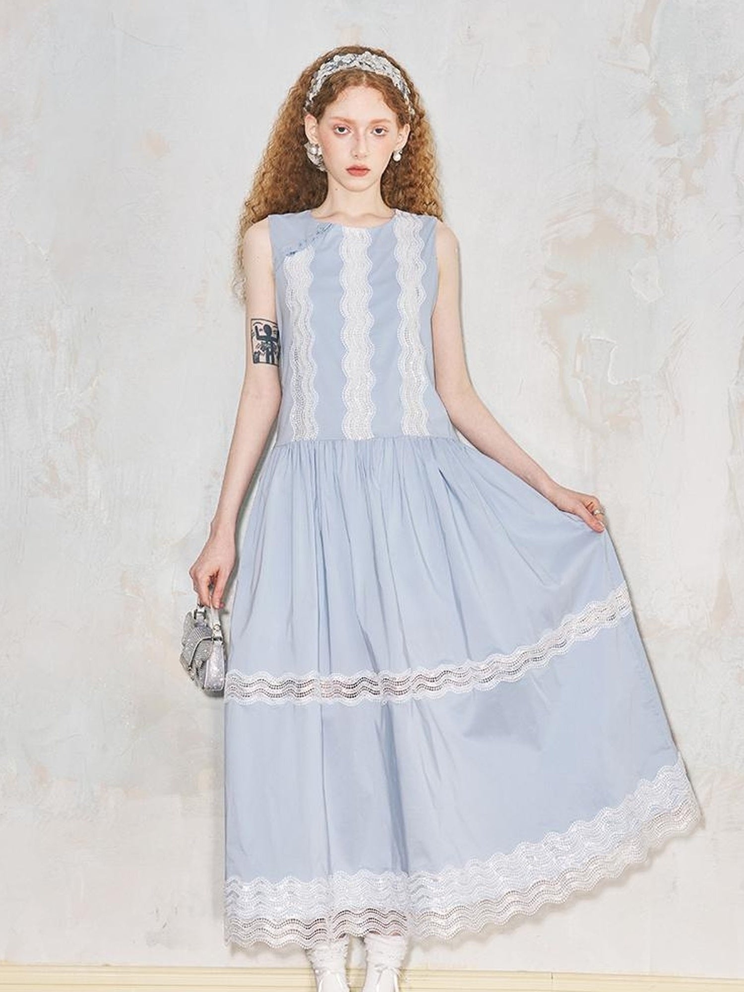 DIDDI MODA Lace Trimmed Asymmetrical Mandarin Collar Maxi Dress