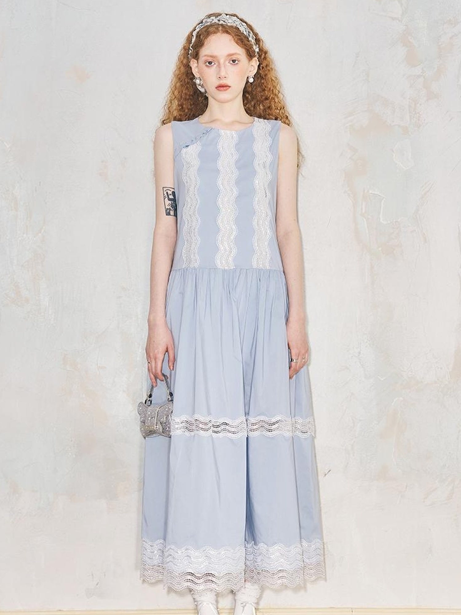 DIDDI MODA Lace Trimmed Asymmetrical Mandarin Collar Maxi Dress