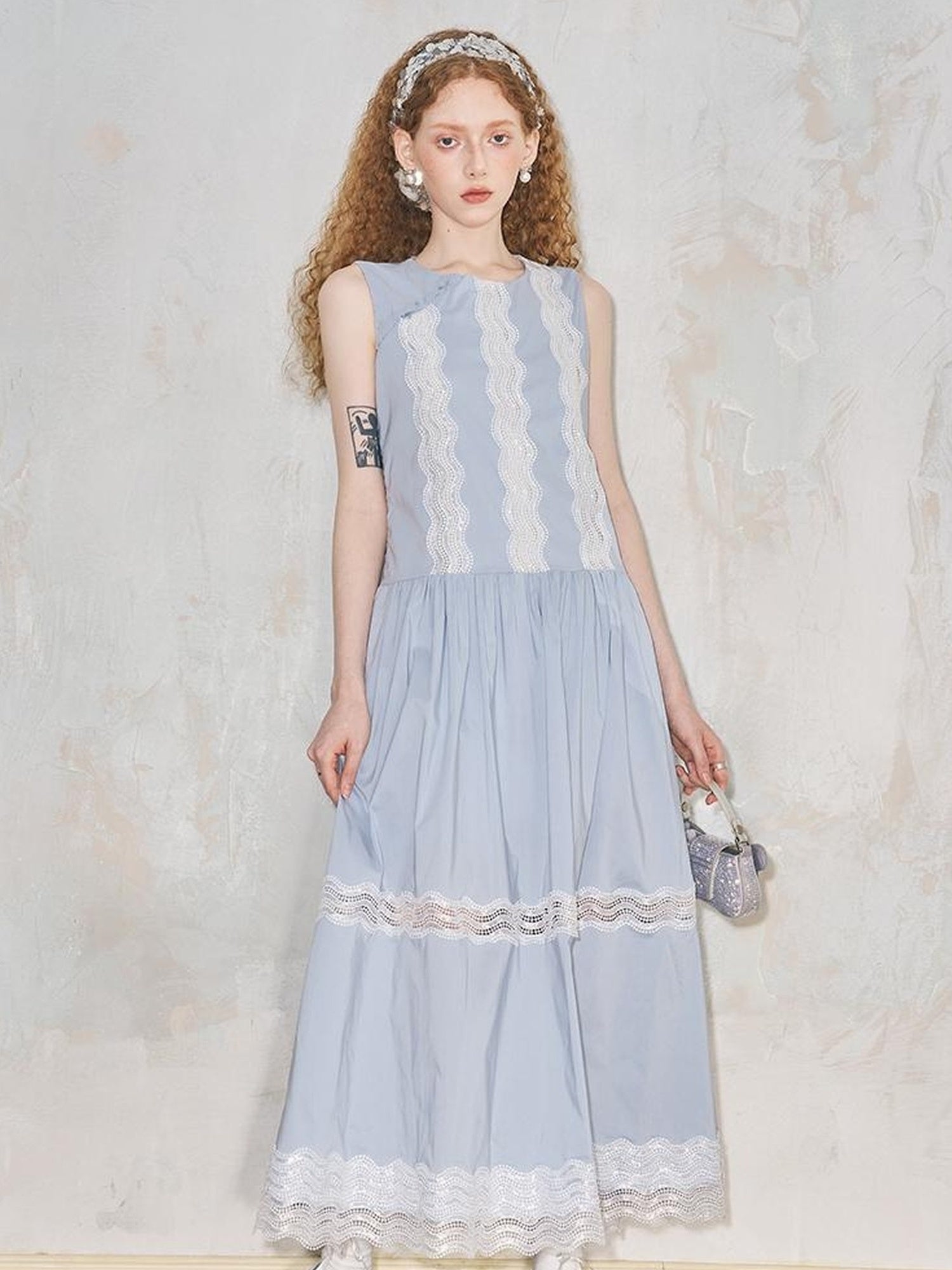 DIDDI MODA Lace Trimmed Asymmetrical Mandarin Collar Maxi Dress