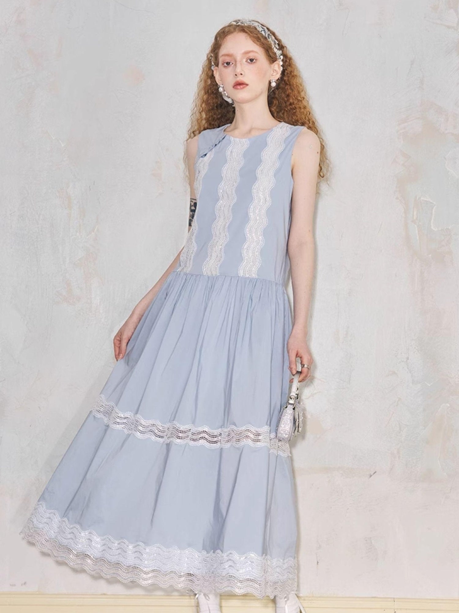 DIDDI MODA Lace Trimmed Asymmetrical Mandarin Collar Maxi Dress