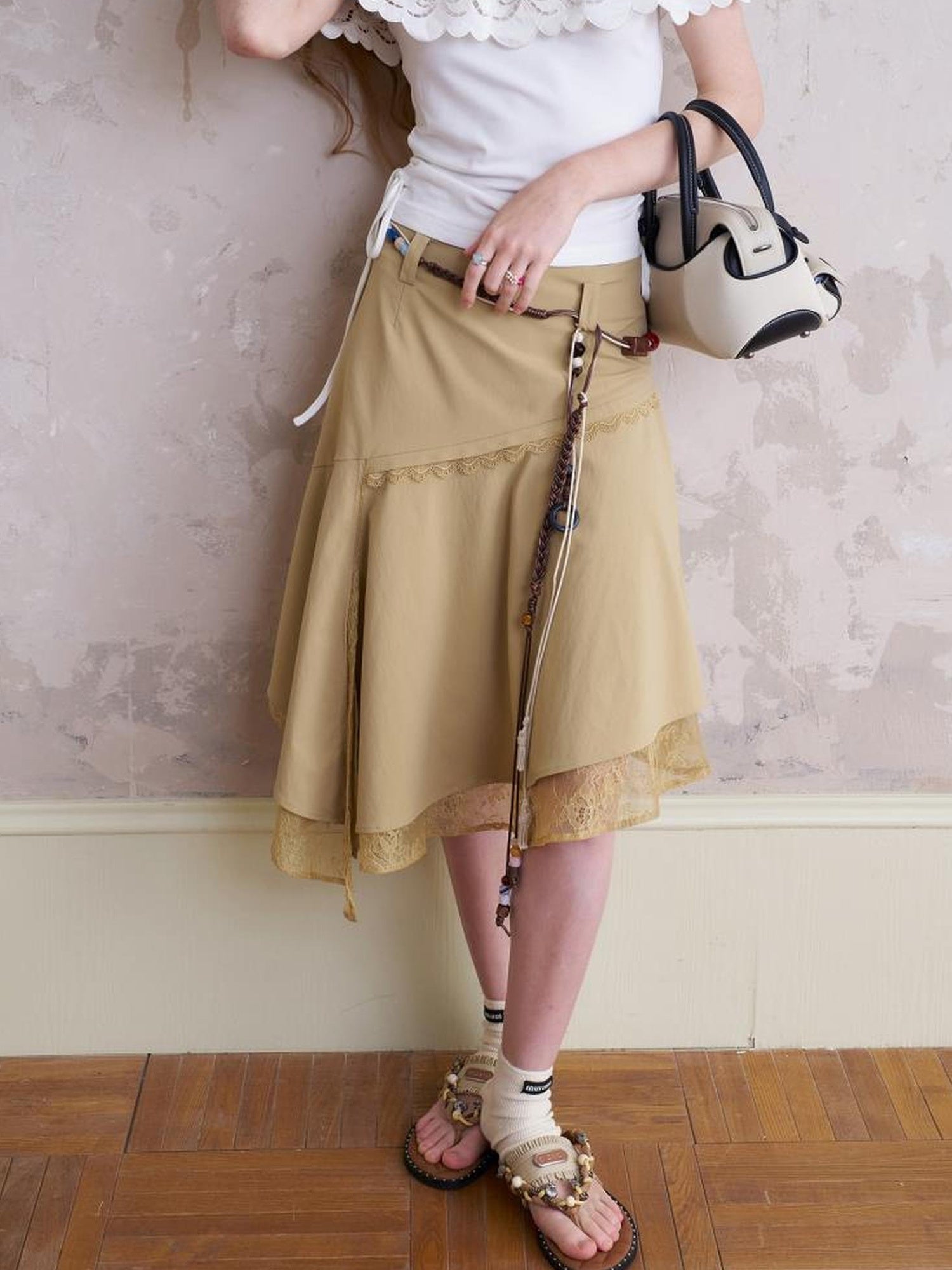 DIDDI MODA Lace Trimmed Asymmetrical Slit Skirt With Layered Hem