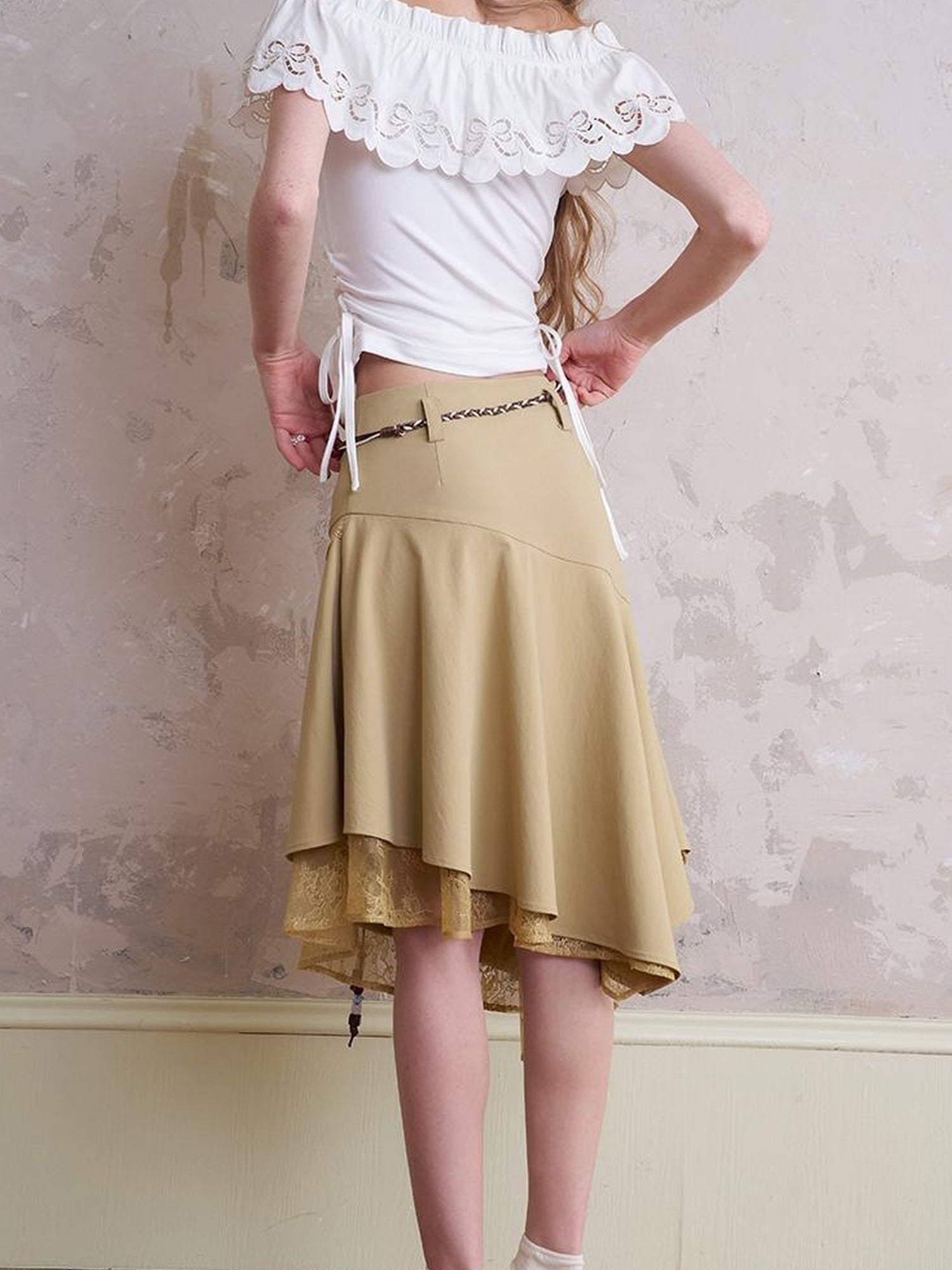 DIDDI MODA Lace Trimmed Asymmetrical Slit Skirt With Layered Hem