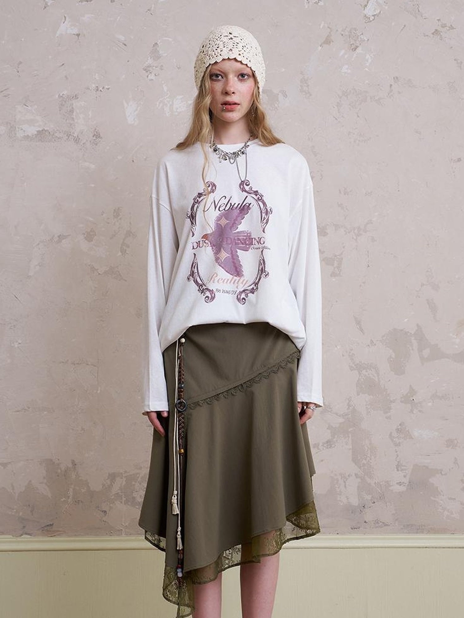 DIDDI MODA Lace Trimmed Asymmetrical Slit Skirt With Layered Hem