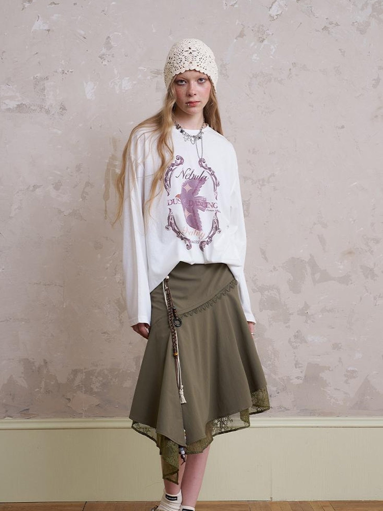 DIDDI MODA Lace Trimmed Asymmetrical Slit Skirt With Layered Hem