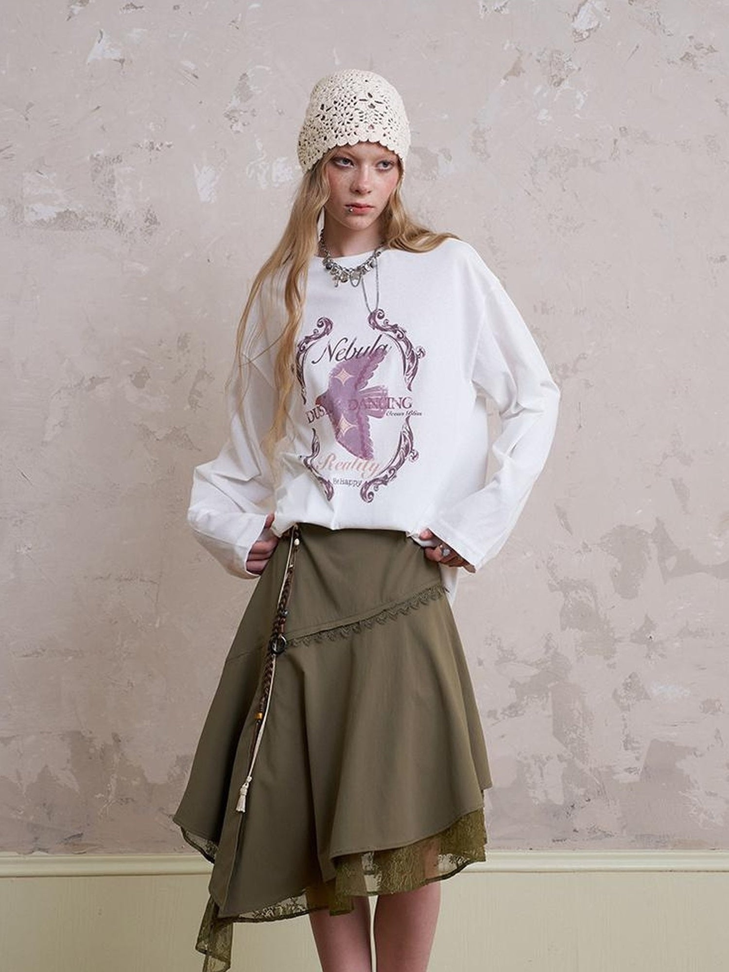 DIDDI MODA Lace Trimmed Asymmetrical Slit Skirt With Layered Hem