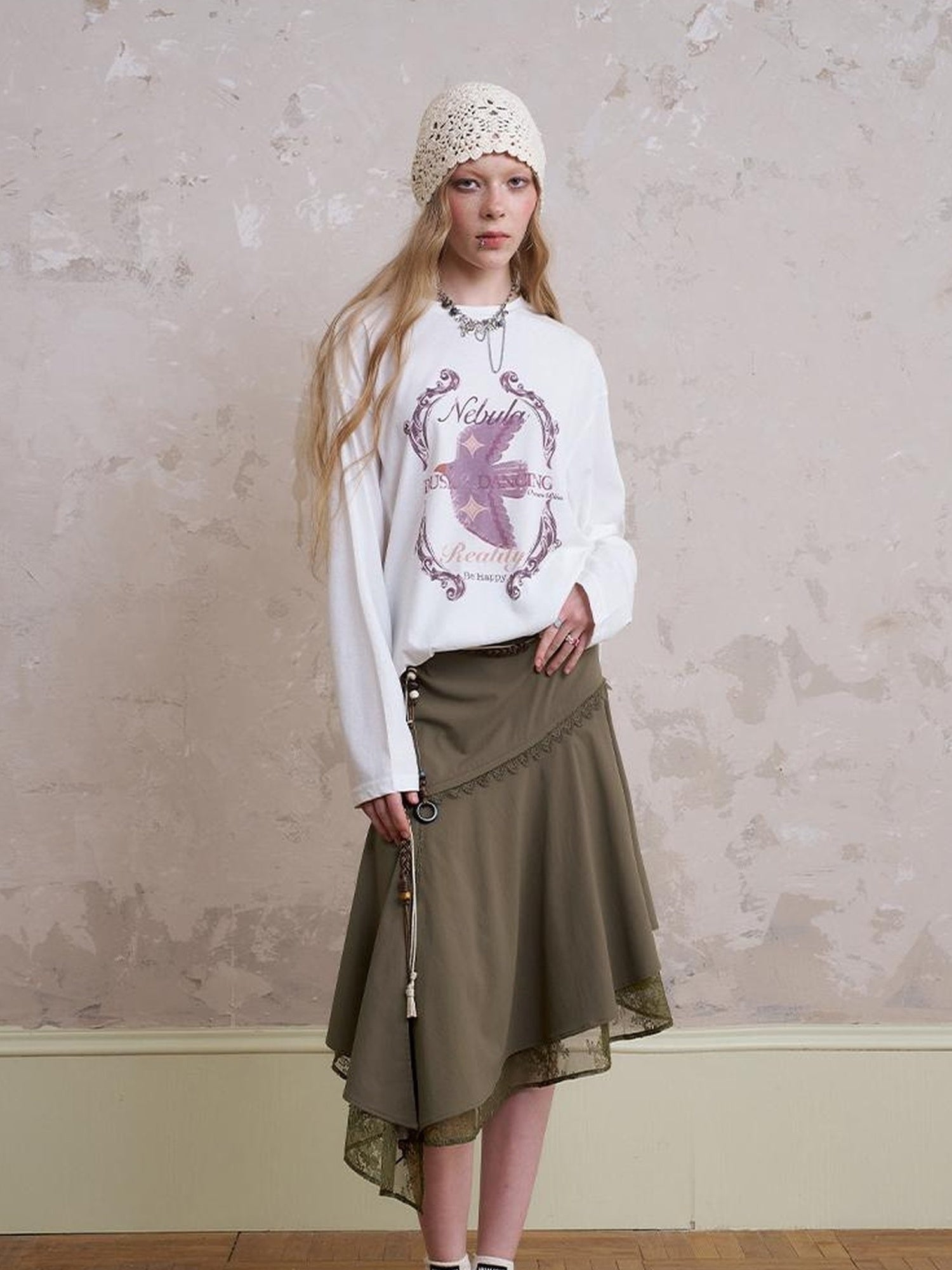 DIDDI MODA Lace Trimmed Asymmetrical Slit Skirt With Layered Hem