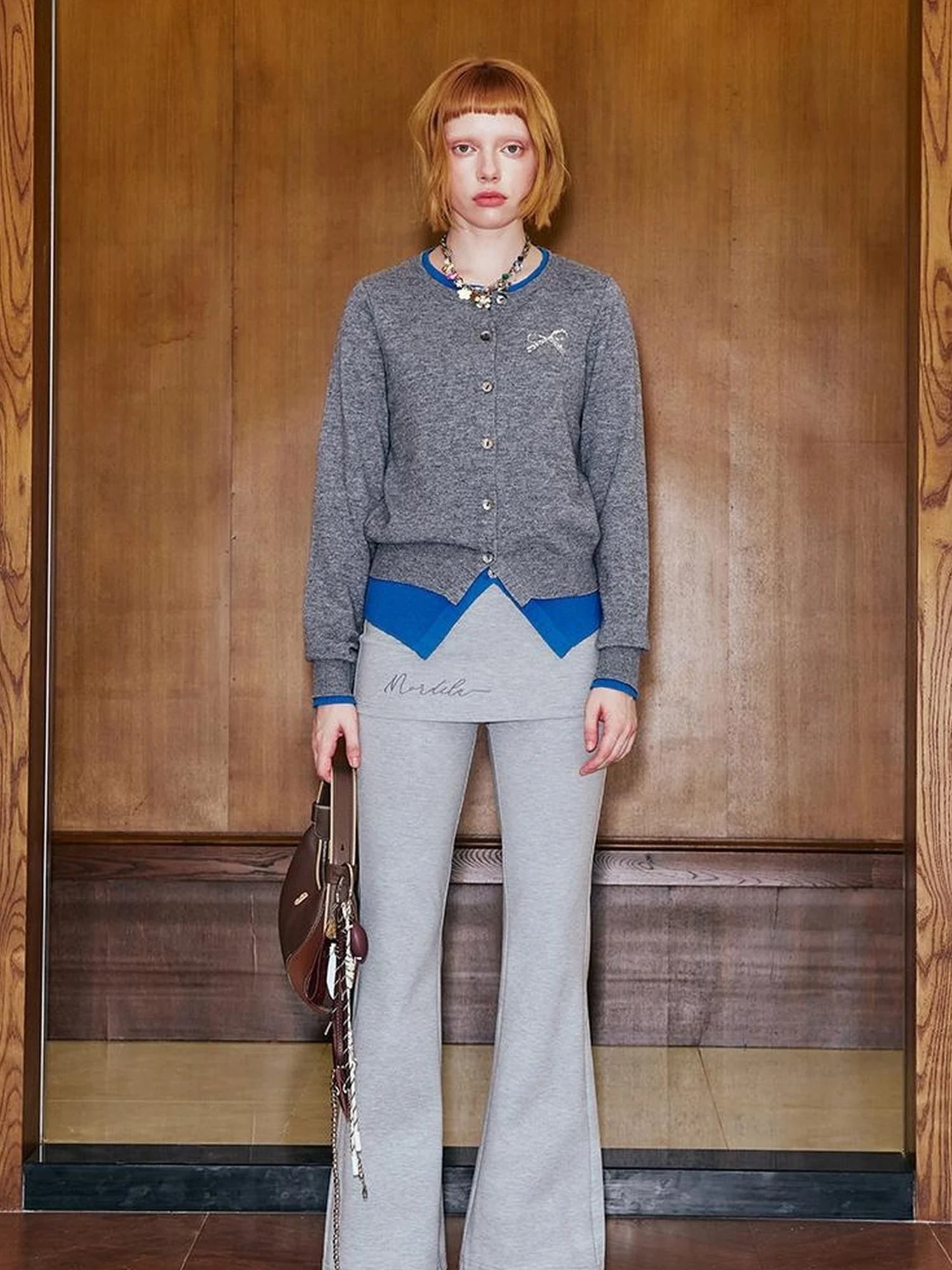 Lace Trimmed Embroidered Knit Flared Pants With Layered Design