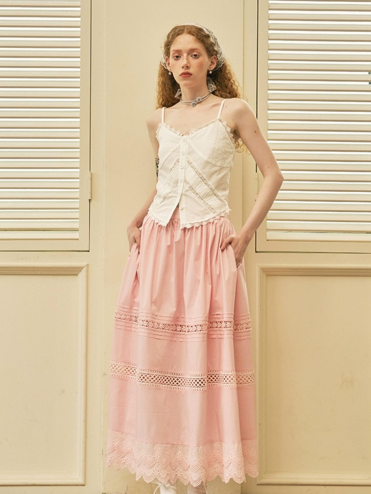 DIDDI MODA Lace Trimmed Floral Hollow Out Midi Skirt