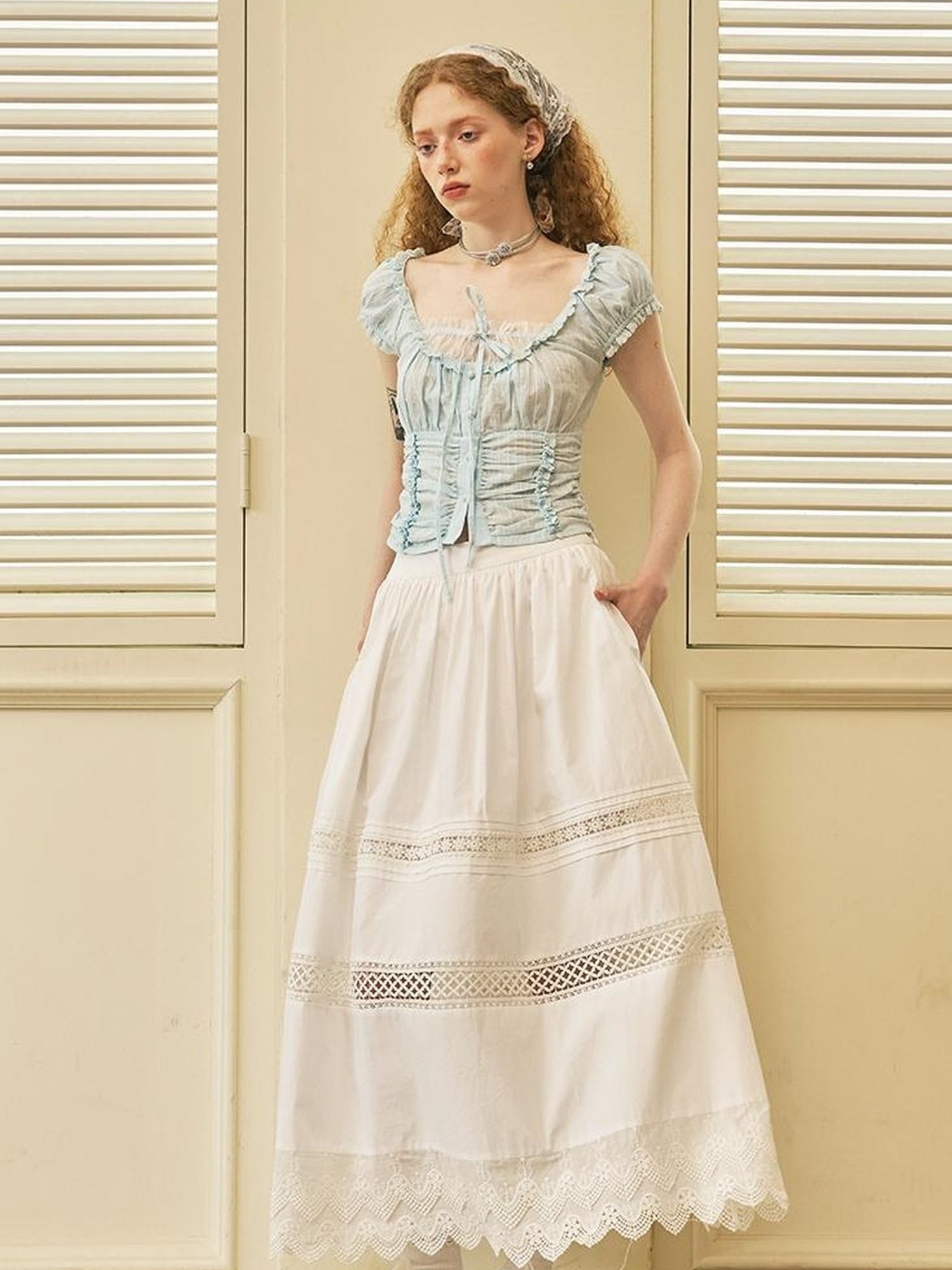 DIDDI MODA Lace Trimmed Floral Hollow Out Midi Skirt