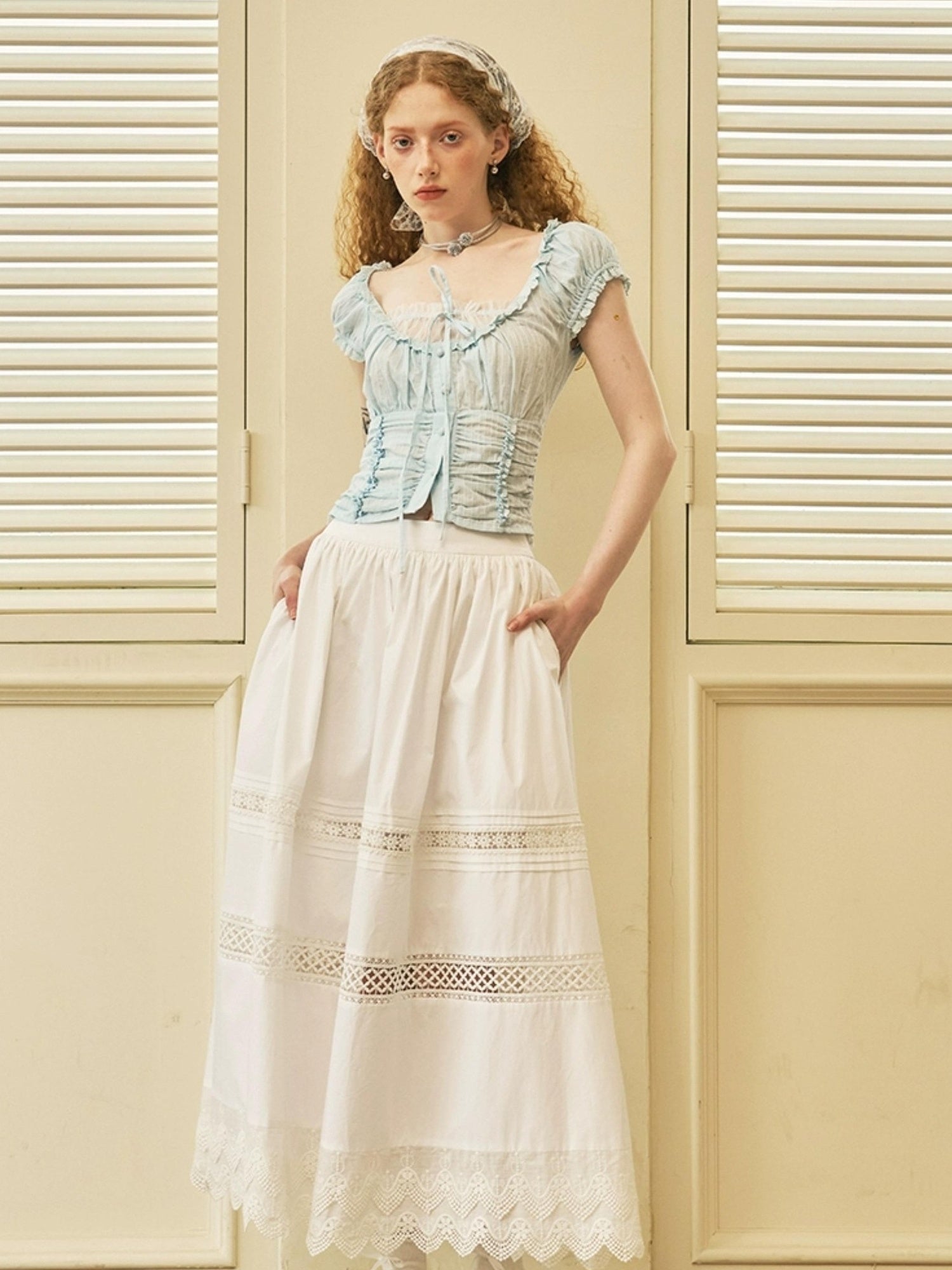 DIDDI MODA Lace Trimmed Floral Hollow Out Midi Skirt