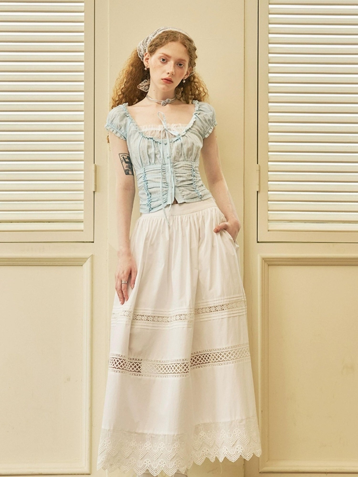 DIDDI MODA Lace Trimmed Floral Hollow Out Midi Skirt