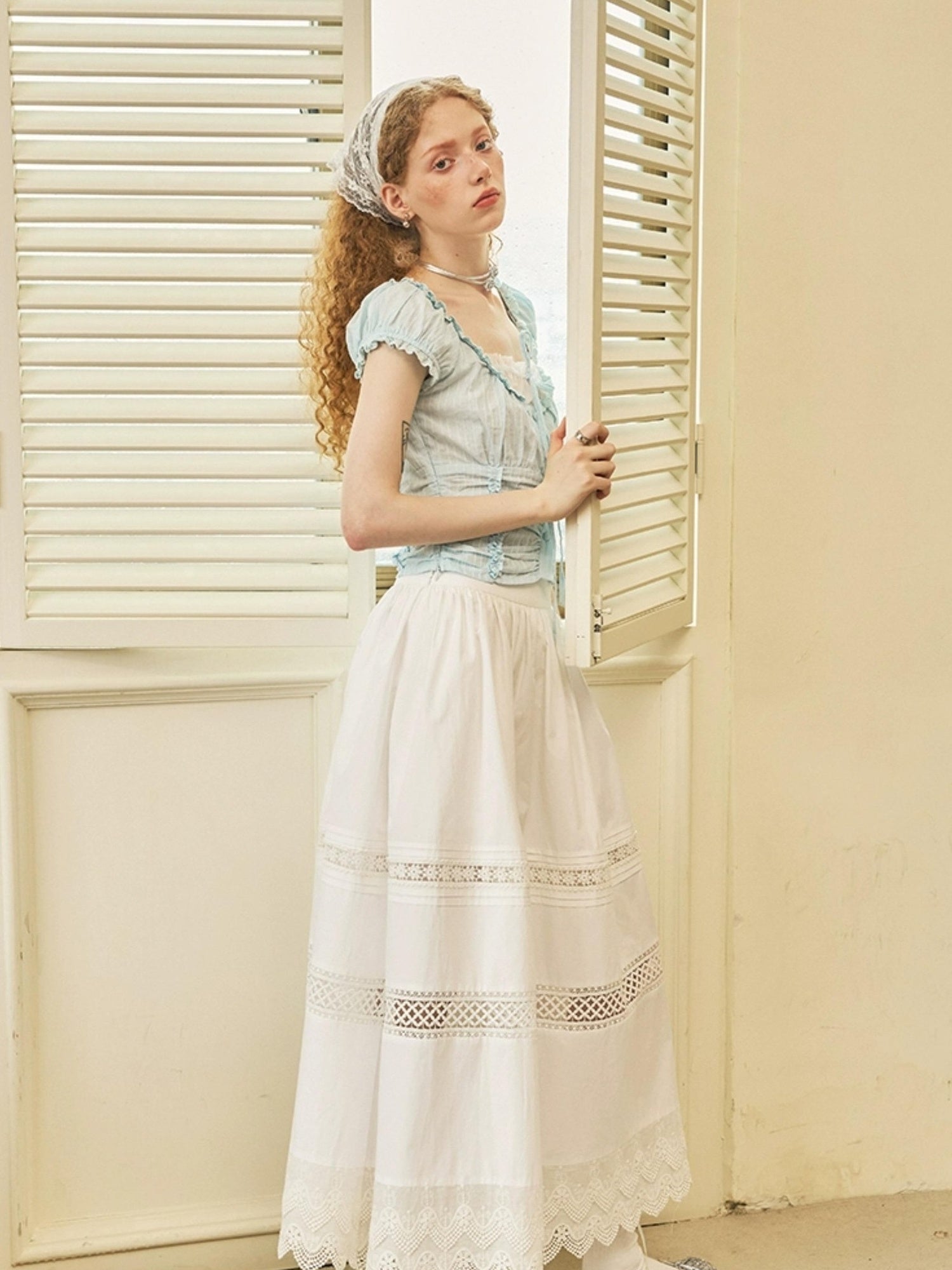 DIDDI MODA Lace Trimmed Floral Hollow Out Midi Skirt