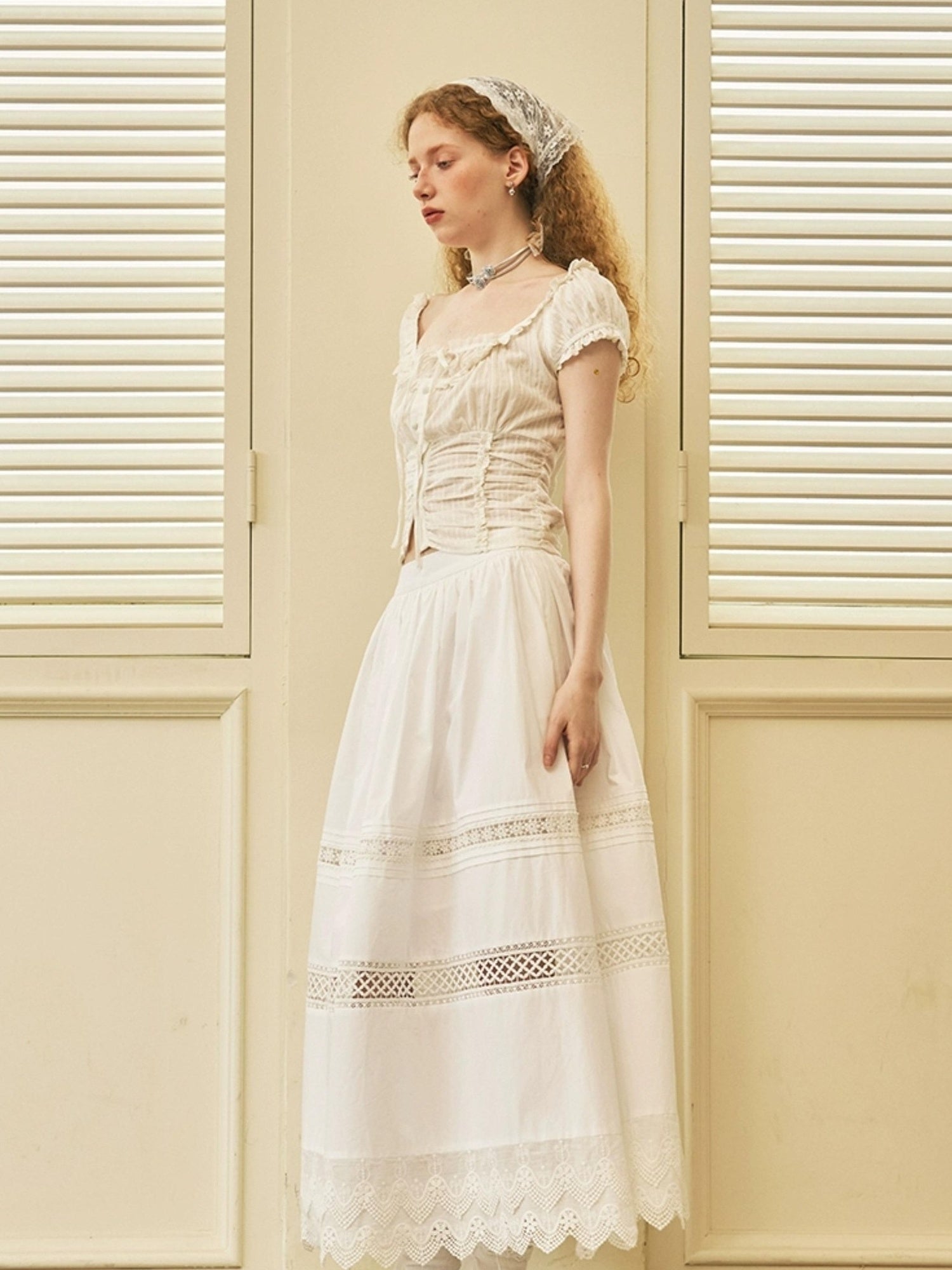 DIDDI MODA Lace Trimmed Floral Hollow Out Midi Skirt