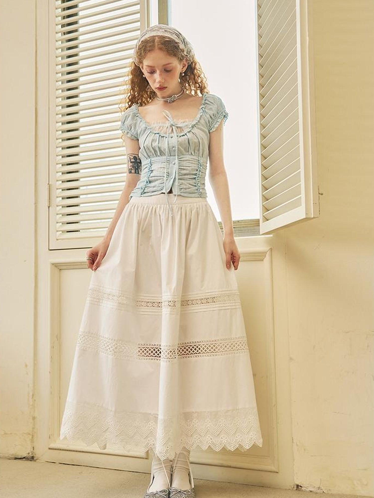 DIDDI MODA Lace Trimmed Floral Hollow Out Midi Skirt