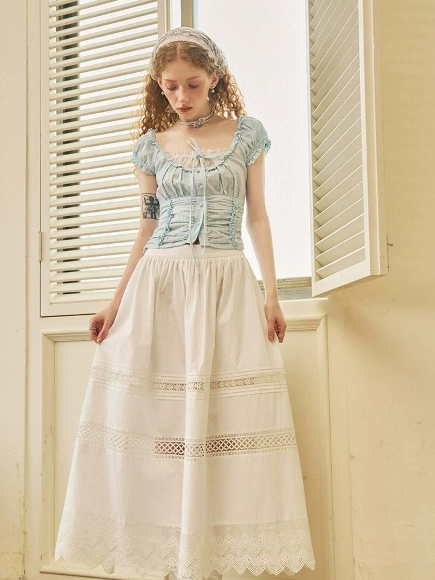 DIDDI MODA Lace Trimmed Floral Hollow Out Midi Skirt