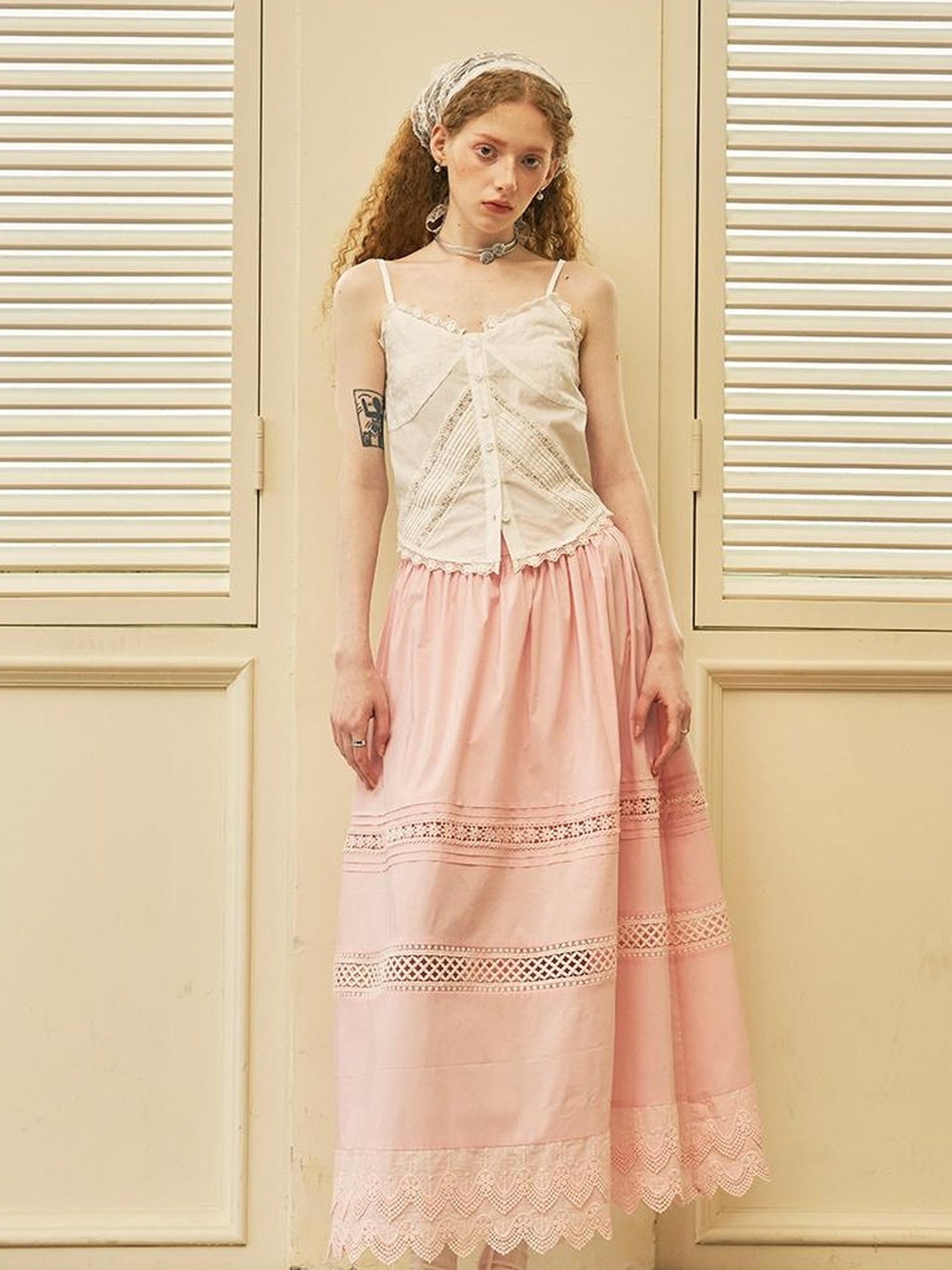 DIDDI MODA Lace Trimmed Floral Hollow Out Midi Skirt