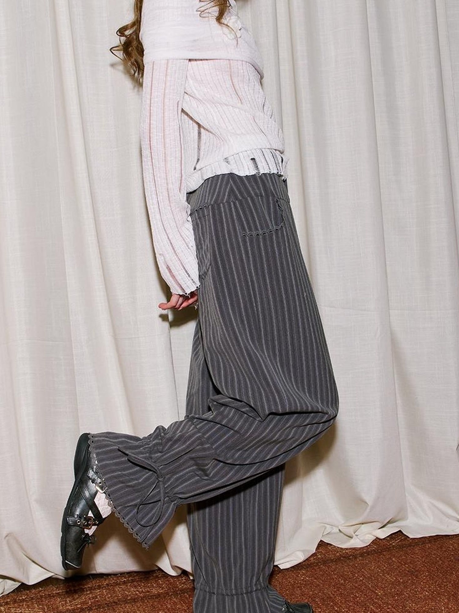 DIDDI MODA Lace Trimmed Flowy Straight Leg Trousers