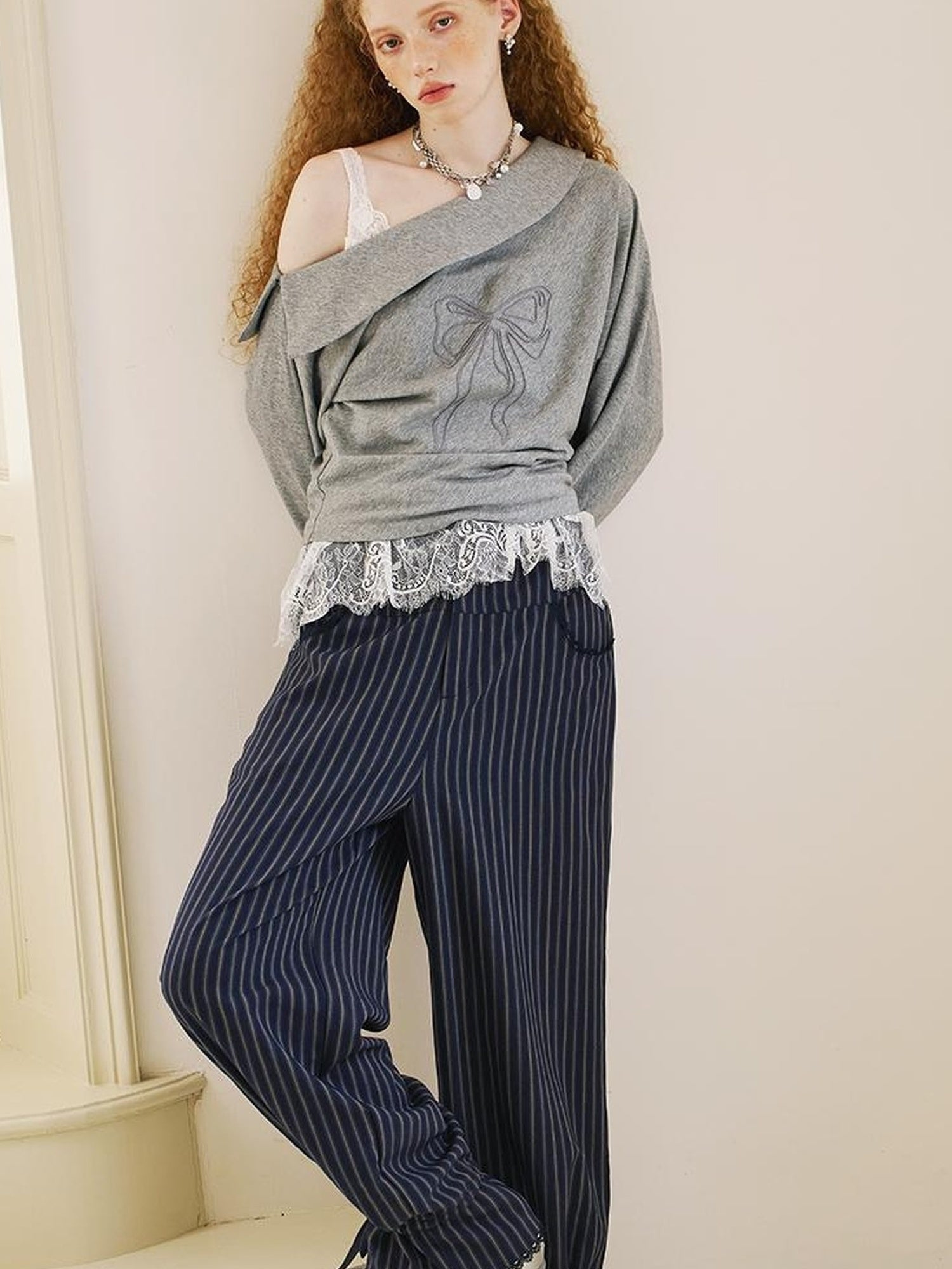 DIDDI MODA Lace Trimmed Flowy Straight Leg Trousers