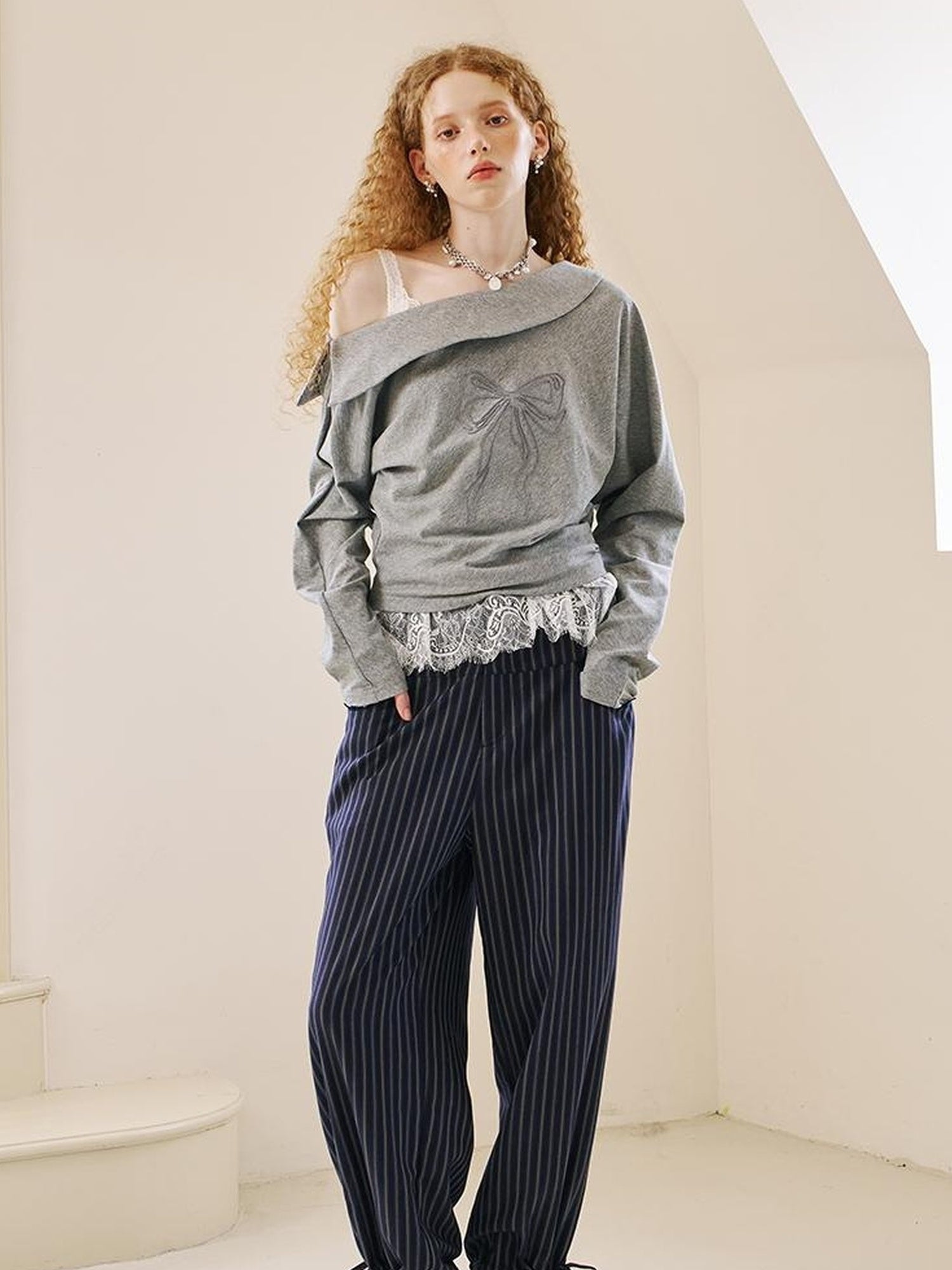 DIDDI MODA Lace Trimmed Flowy Straight Leg Trousers