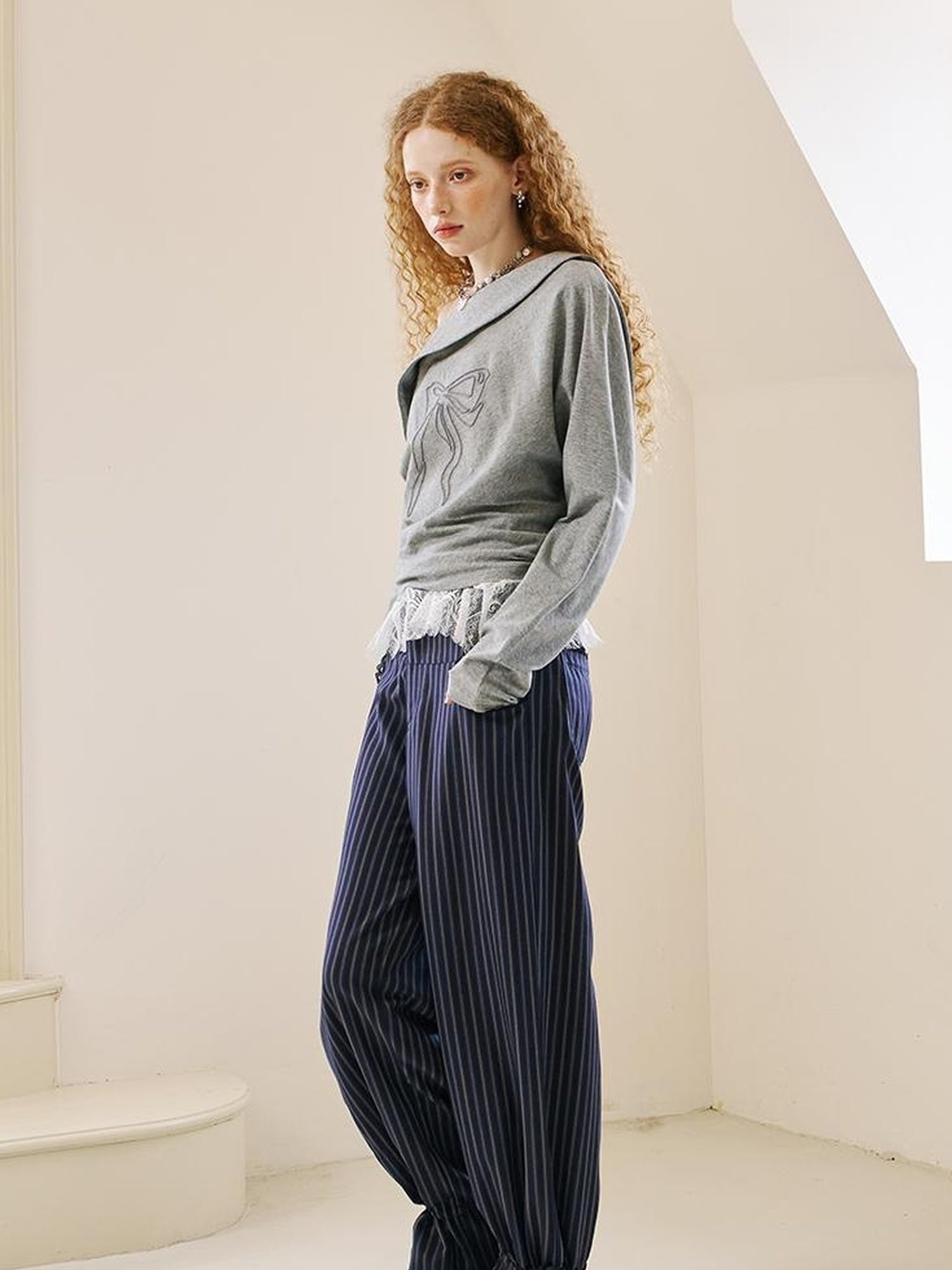 DIDDI MODA Lace Trimmed Flowy Straight Leg Trousers