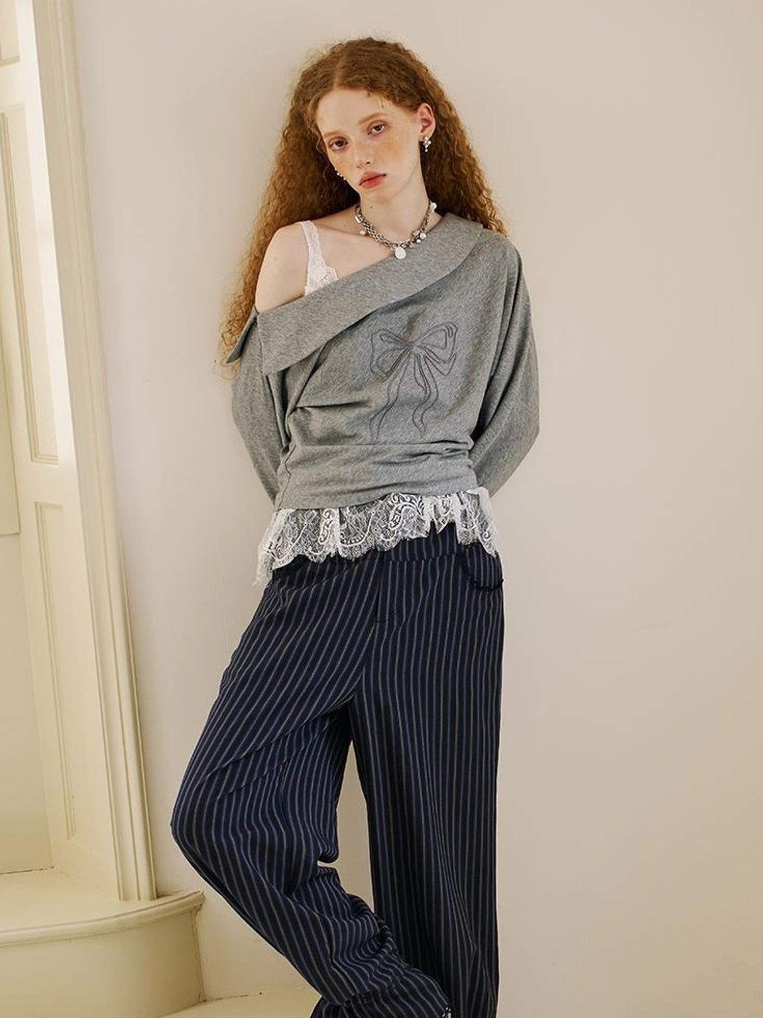 DIDDI MODA Lace Trimmed Flowy Straight Leg Trousers