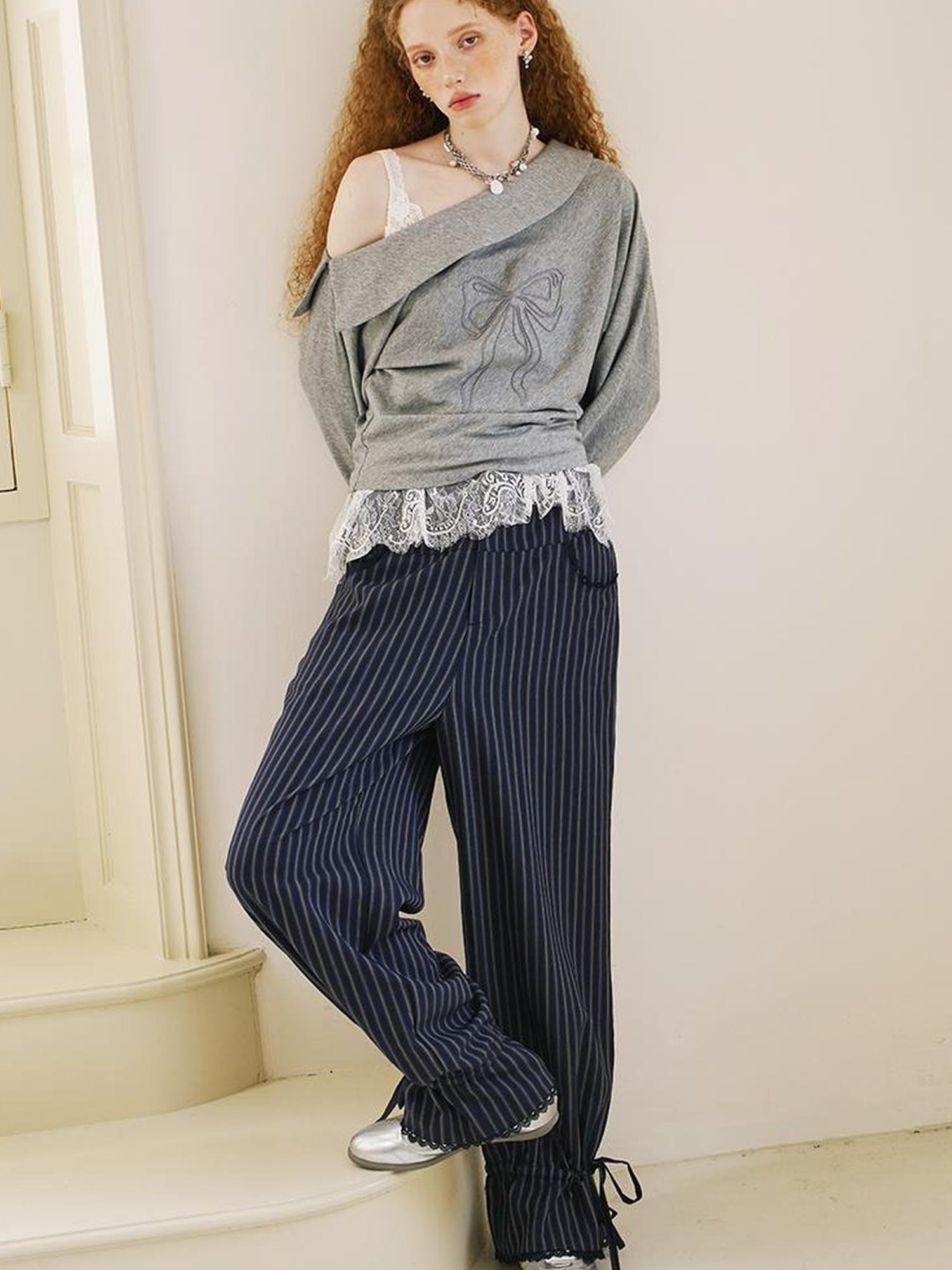 DIDDI MODA Lace Trimmed Flowy Straight Leg Trousers