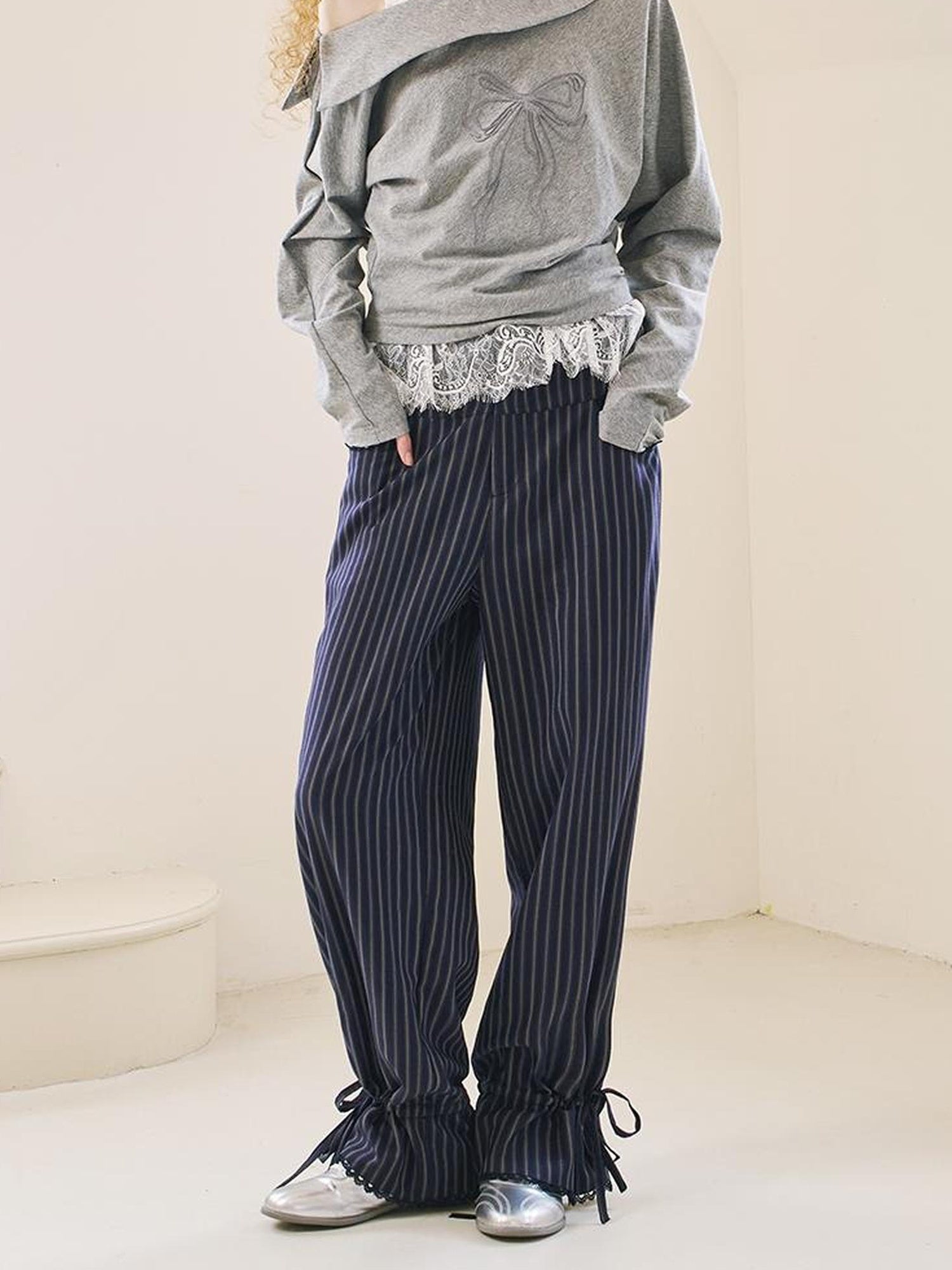 DIDDI MODA Lace Trimmed Flowy Straight Leg Trousers