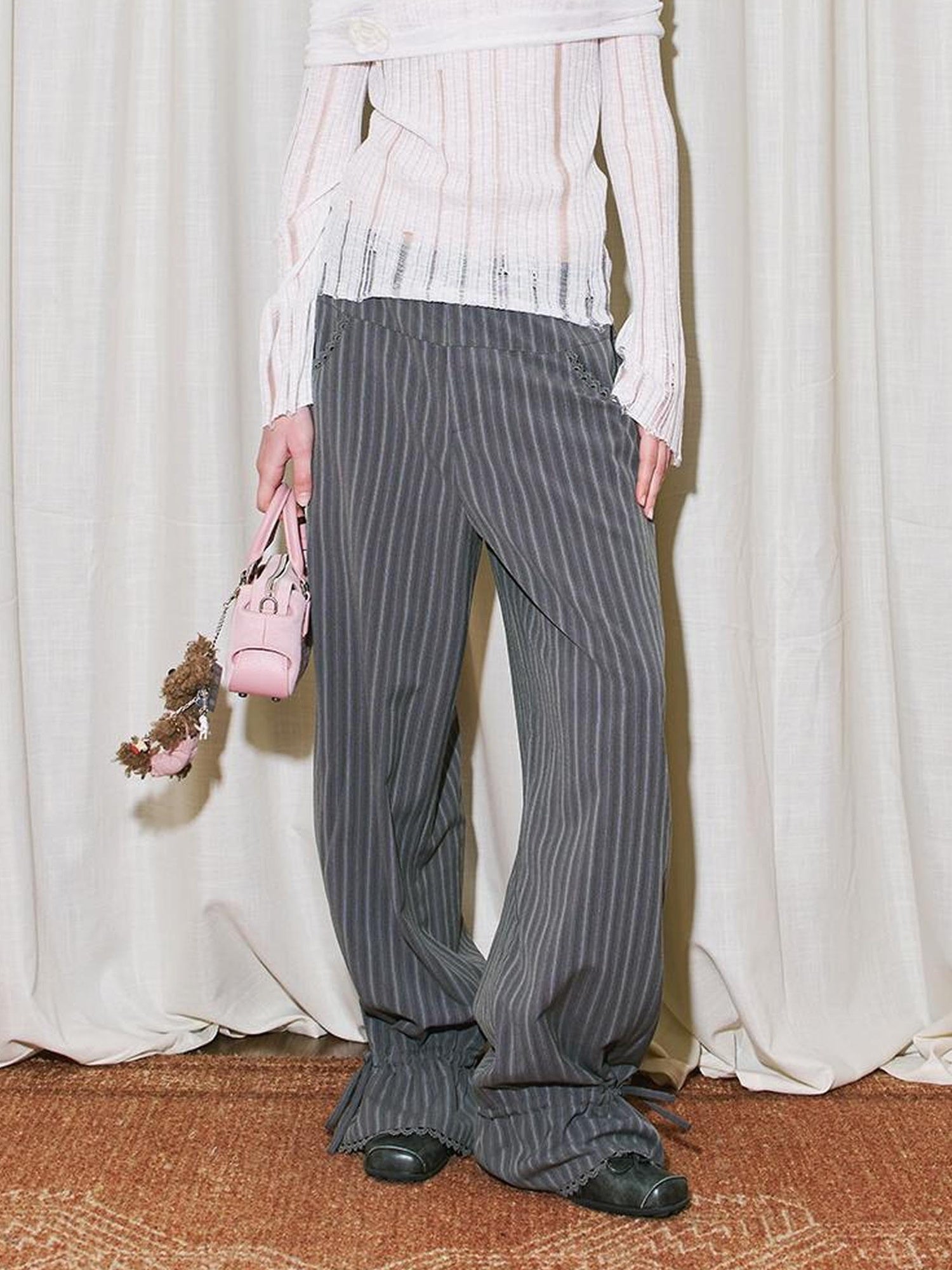 DIDDI MODA Lace Trimmed Flowy Straight Leg Trousers