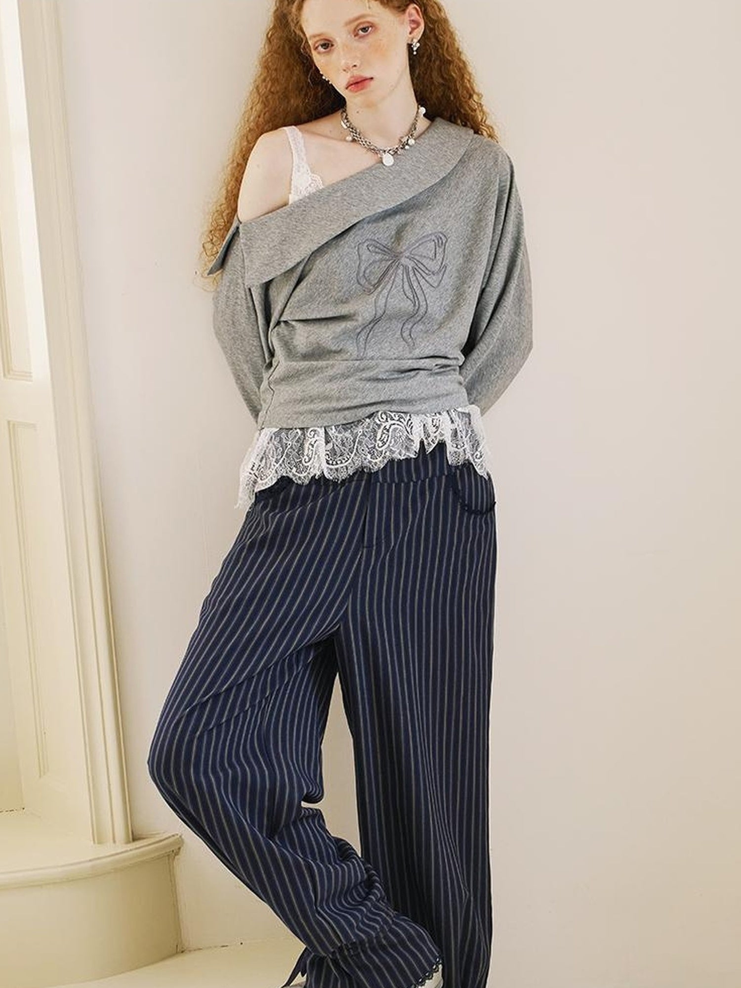 DIDDI MODA Lace Trimmed Flowy Straight Leg Trousers