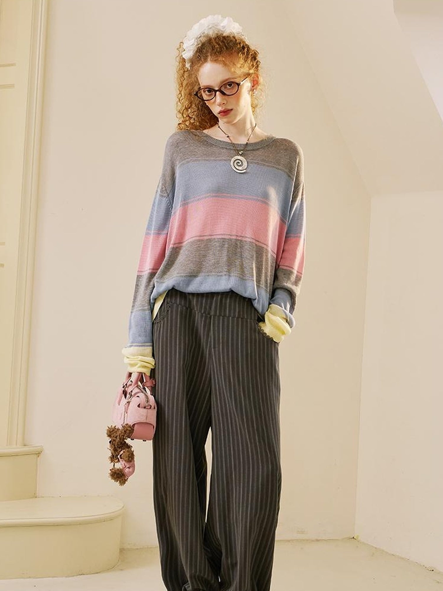 DIDDI MODA Lace Trimmed Flowy Straight Leg Trousers