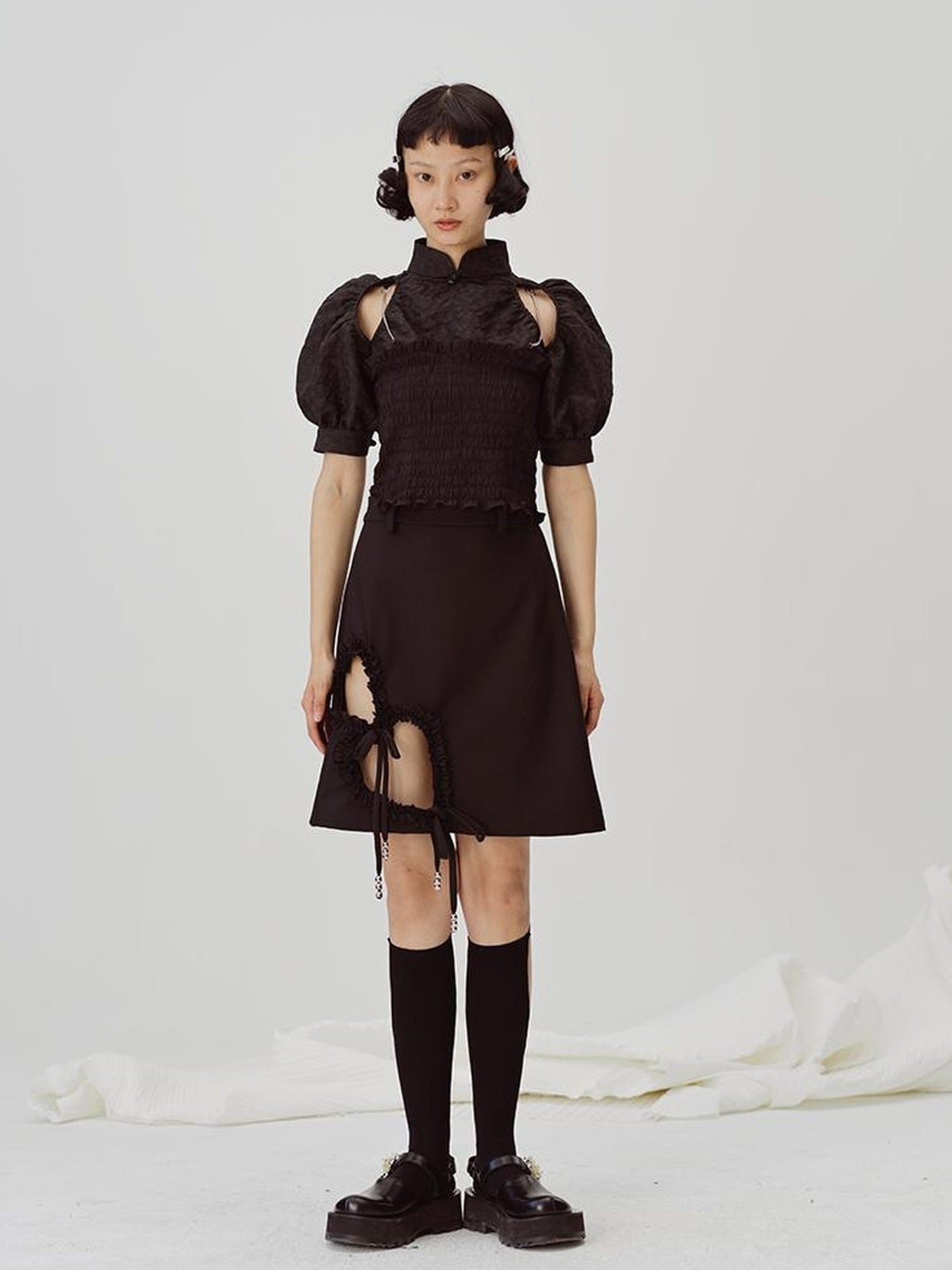 DIDDI MODA Lace Trimmed Hollow Heart A Line Mini Skirt