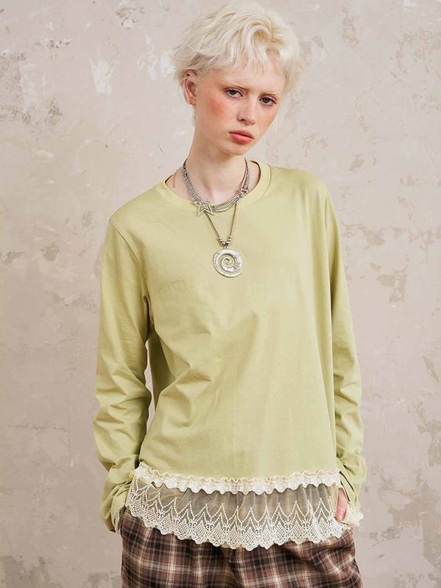 DIDDI MODA Lace Trimmed Layered Oversized Cotton Tee