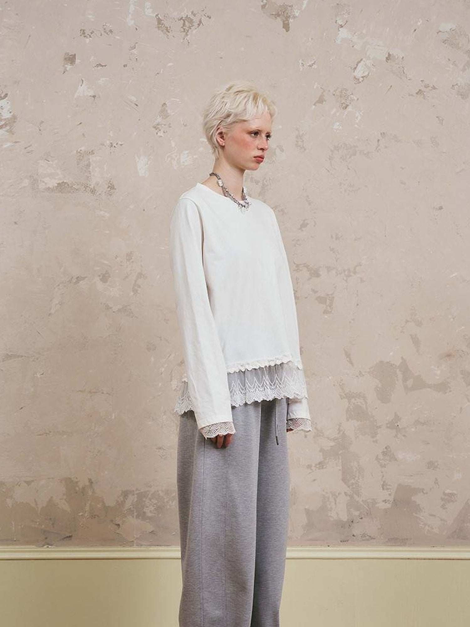 DIDDI MODA Lace Trimmed Layered Oversized Cotton Tee