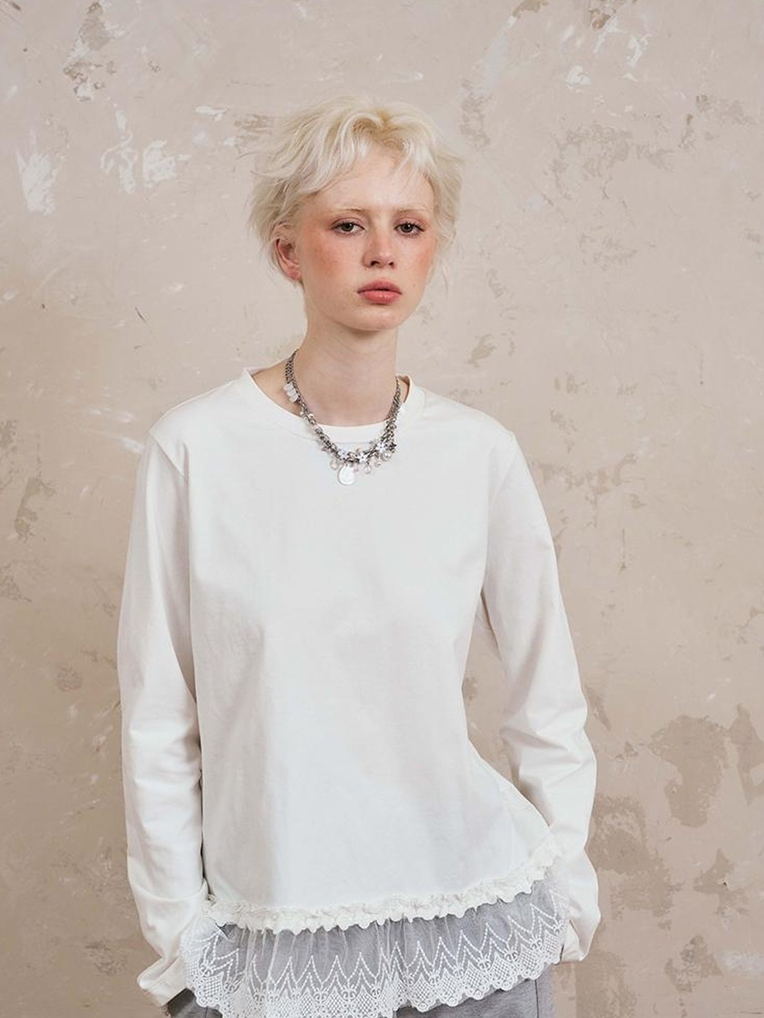 DIDDI MODA Lace Trimmed Layered Oversized Cotton Tee