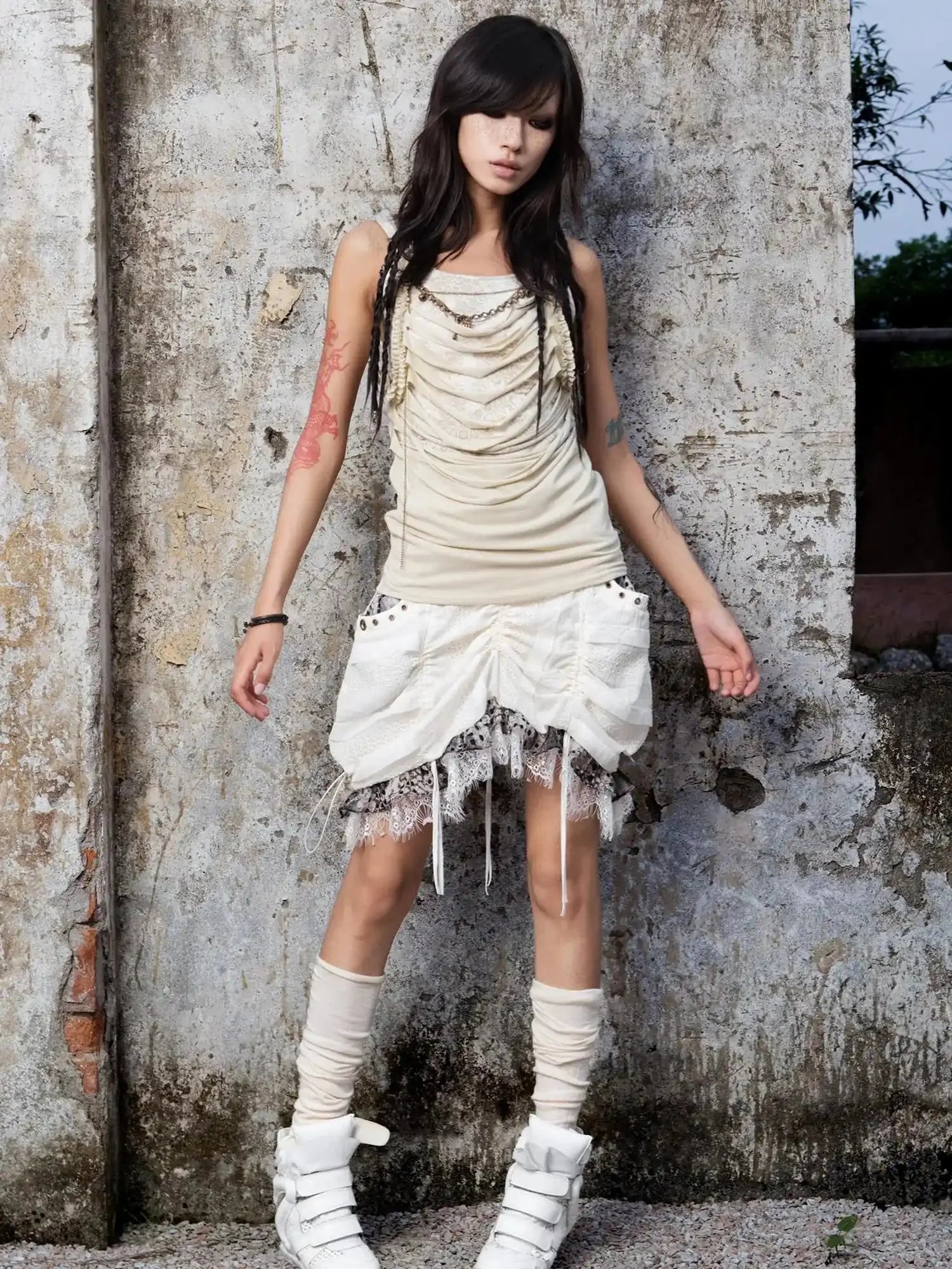 Lace Trimmed Low Waist Sunset Silhouette Dress