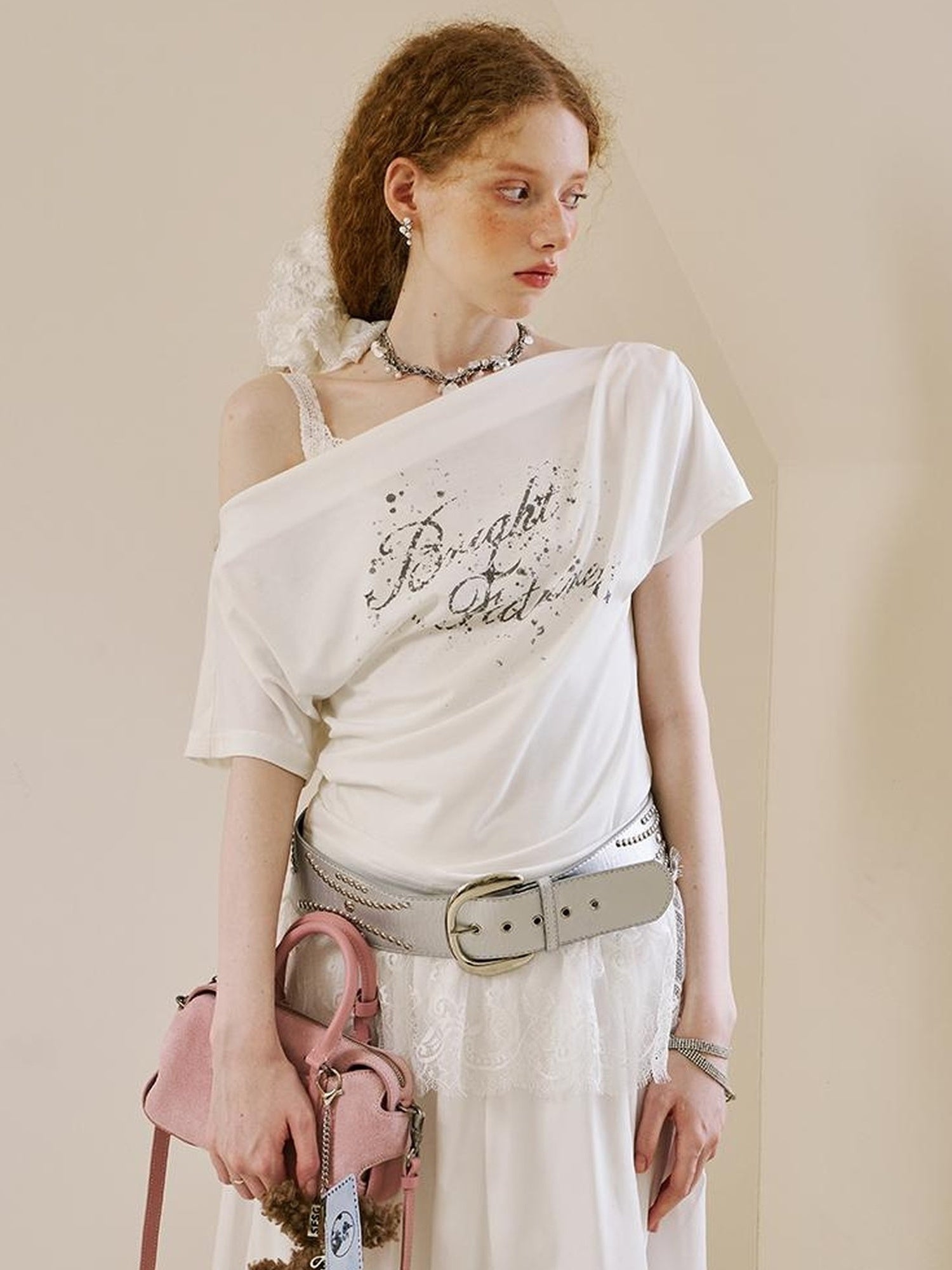 DIDDI MODA Lace Trimmed Pleated Tee Embroidered Mesh Skirt Set
