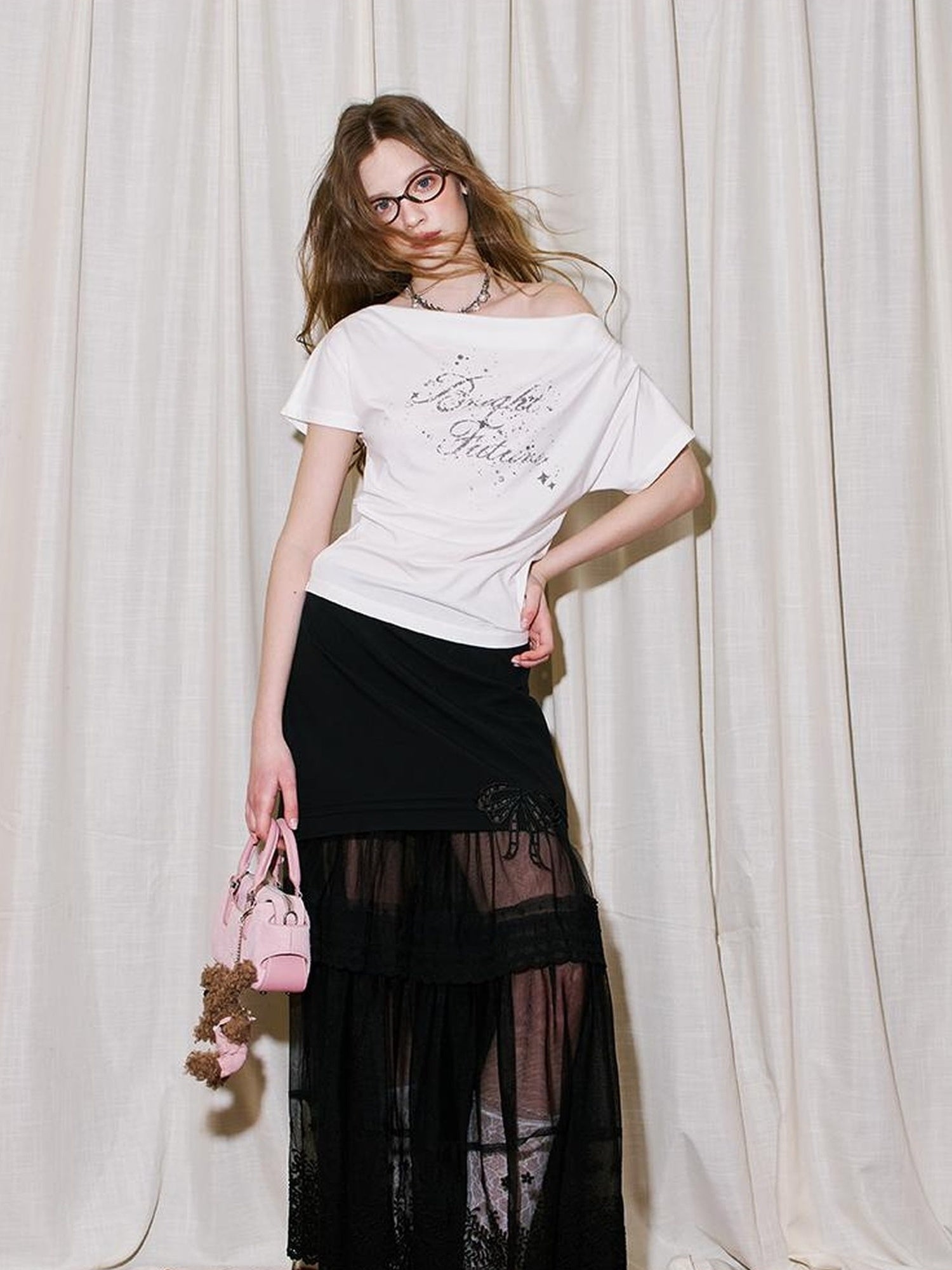DIDDI MODA Lace Trimmed Pleated Tee Embroidered Mesh Skirt Set