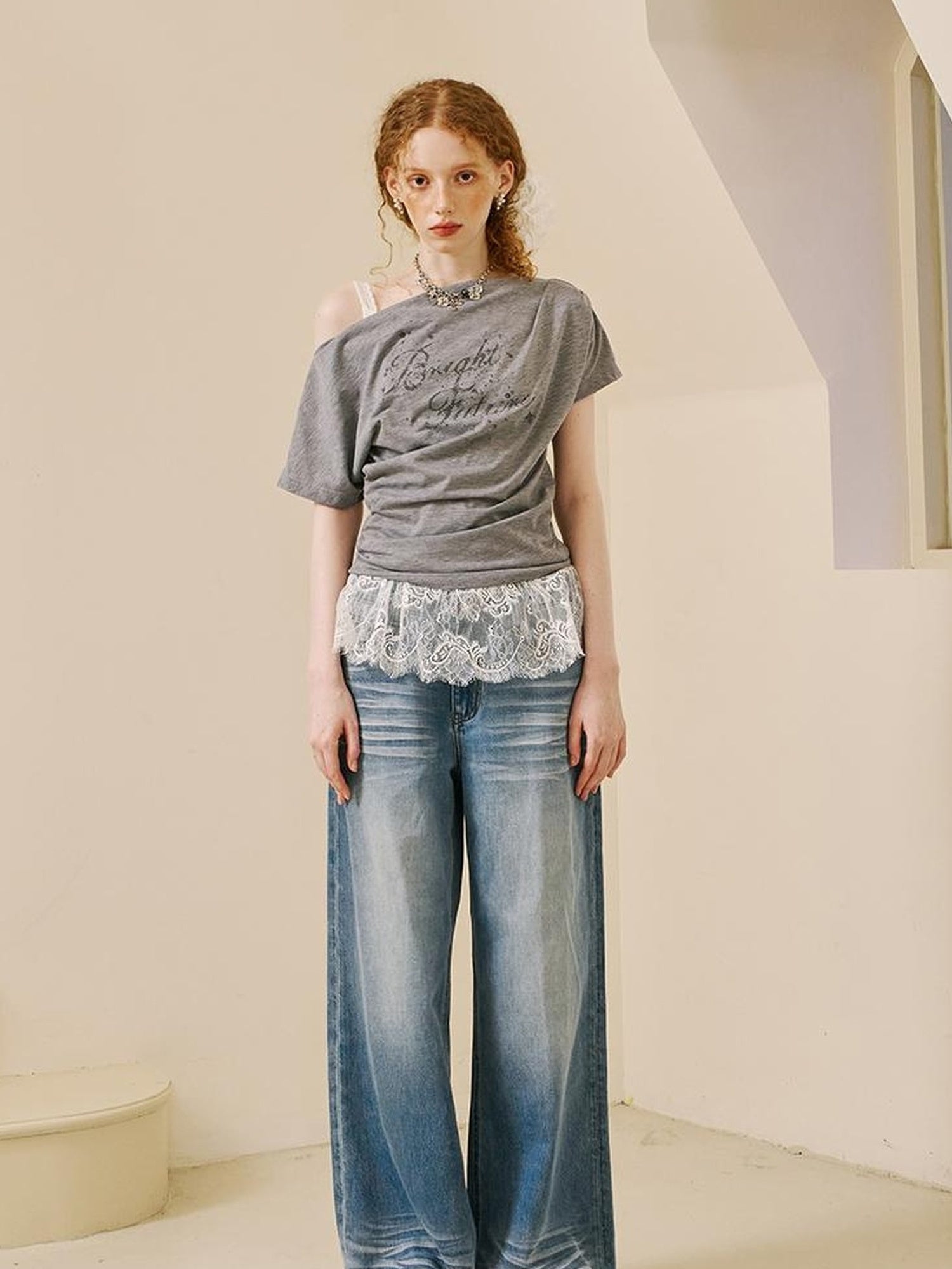 DIDDI MODA Lace Trimmed Pleated Tee Embroidered Mesh Skirt Set