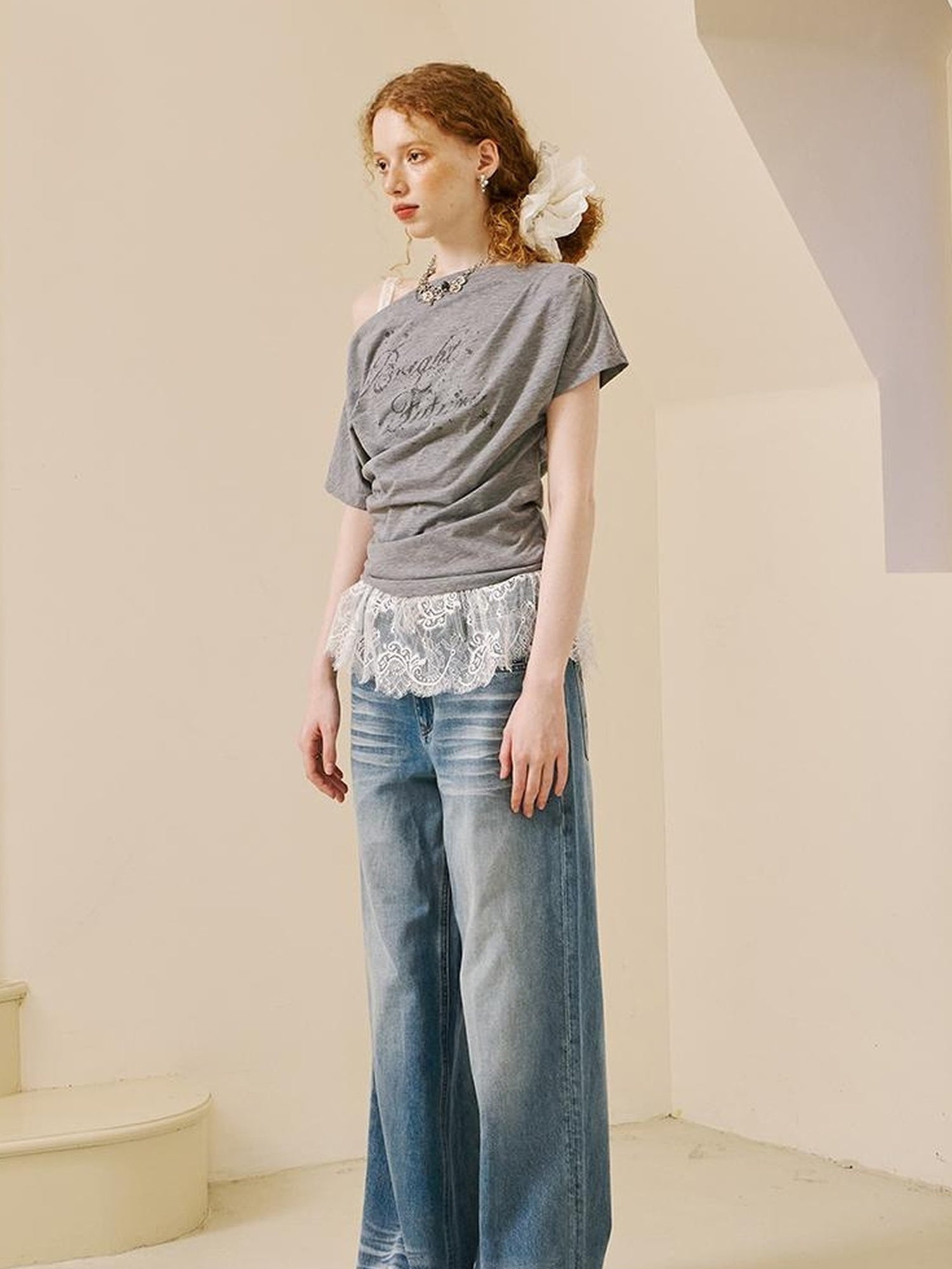 DIDDI MODA Lace Trimmed Pleated Tee Embroidered Mesh Skirt Set