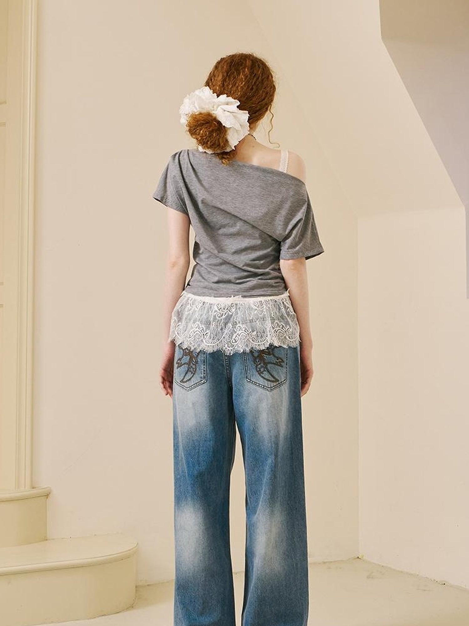 DIDDI MODA Lace Trimmed Pleated Tee Embroidered Mesh Skirt Set