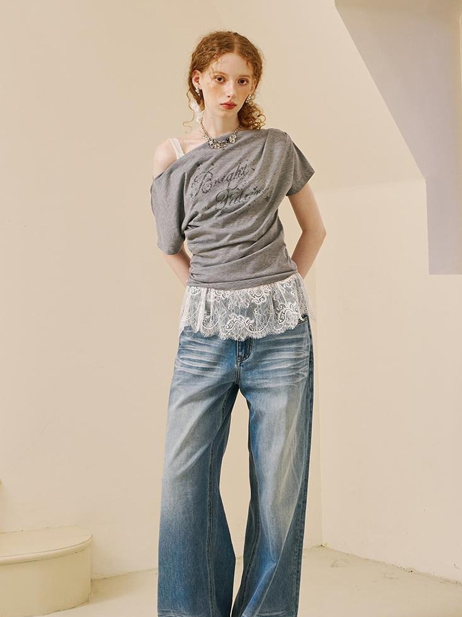 DIDDI MODA Lace Trimmed Pleated Tee Embroidered Mesh Skirt Set